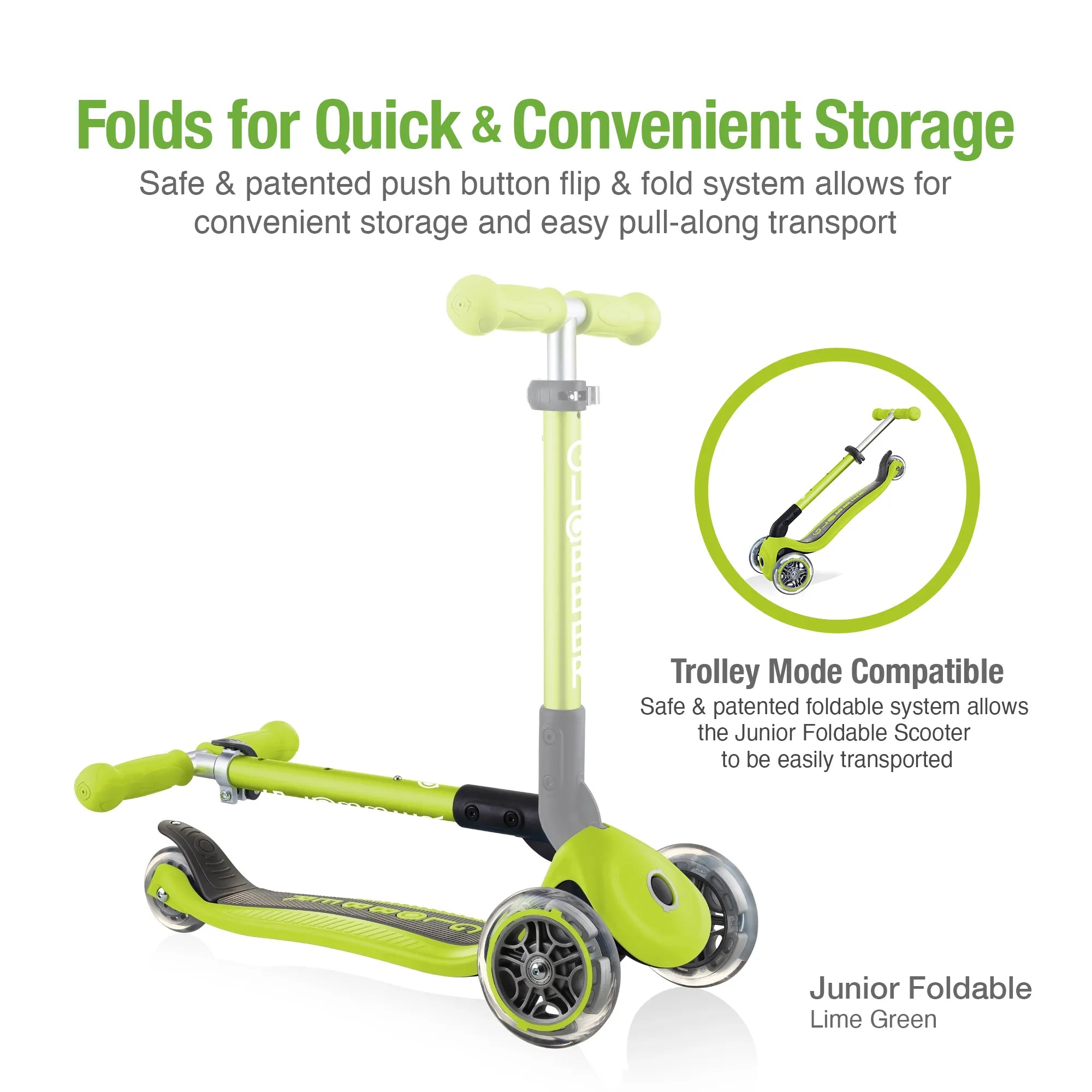 Globber junior foldable lime green front right view of folded t bar with inset image displaying it in pull along trolley mode.