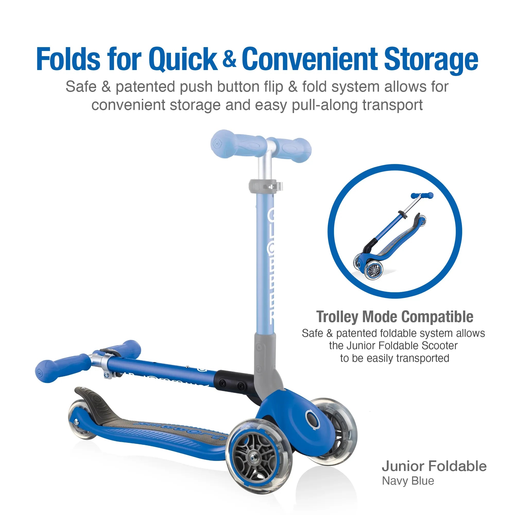 Globber junior foldable navy blue front right view of folded t bar with inset image displaying it in pull along trolley mode.