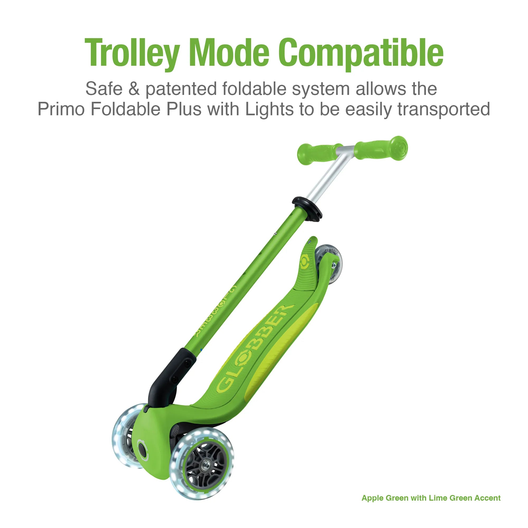 Globber Primo Foldable PLUS with Lights - Apple Green & Lime Green - Ages 3-9 - Brown's Hobby & Game