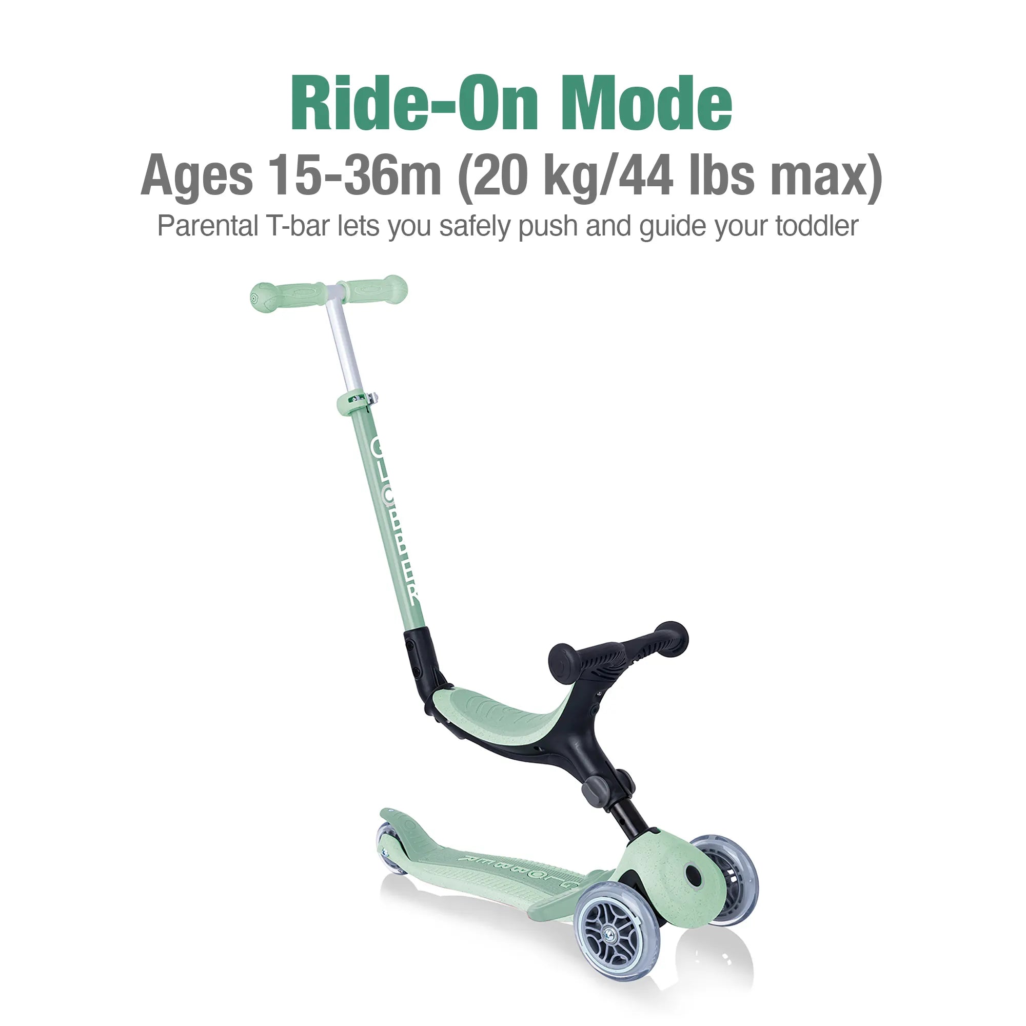 Globber GO•UP Foldable PLUS Ecologic 3-in-1 - Pistachio Green - Planet-Friendly Fun - Ages 15m-7+ yrs