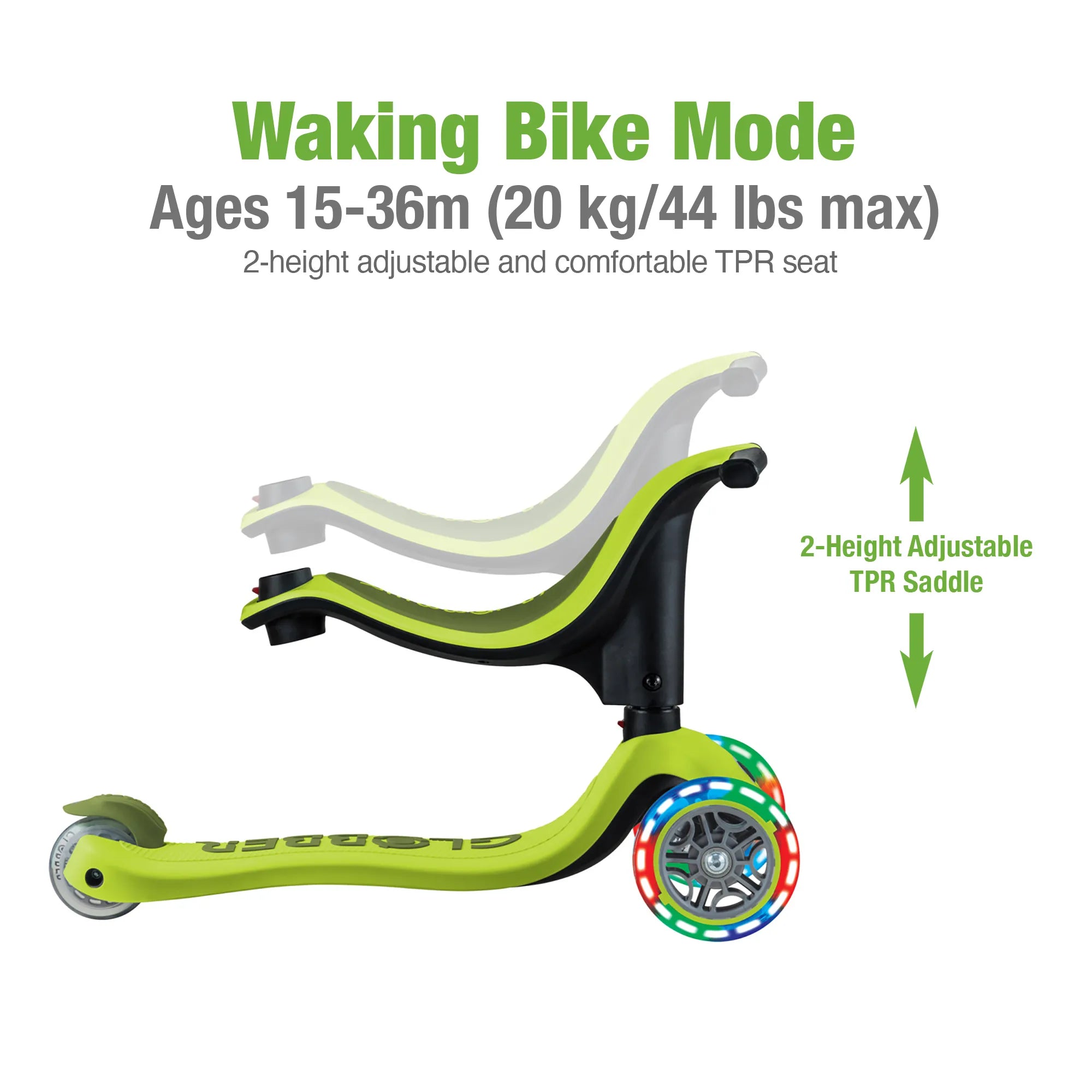 Globber GO•UP Sporty Lights 3-in-1 - Lime Green & Khaki Green - Award-Winning Fun - Ages 15m-7+ yrs