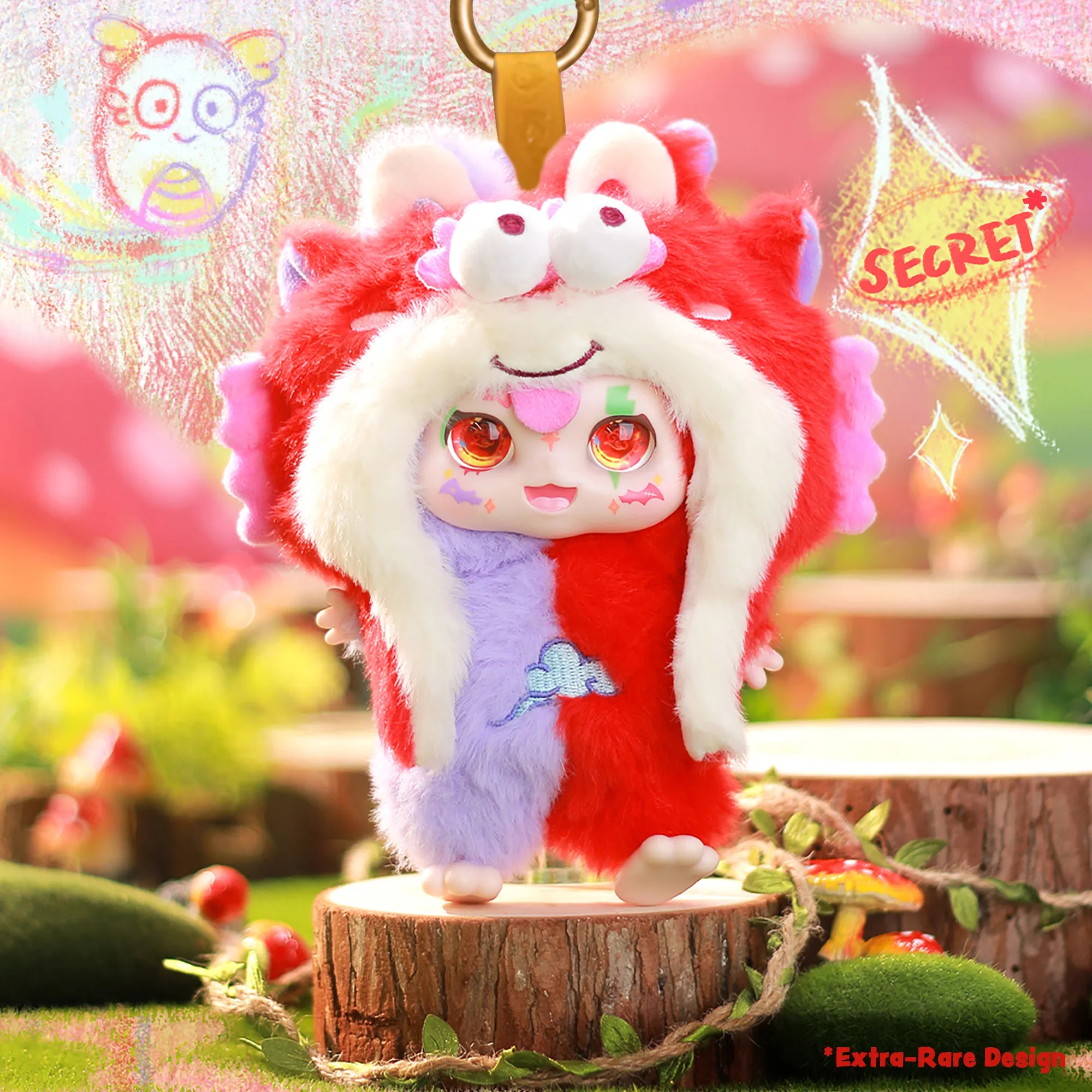 Extra-rare Kimmon Over The Moon premium plush doll with colourful fur in a forest setting. Extra rare odds are 1 in 48.