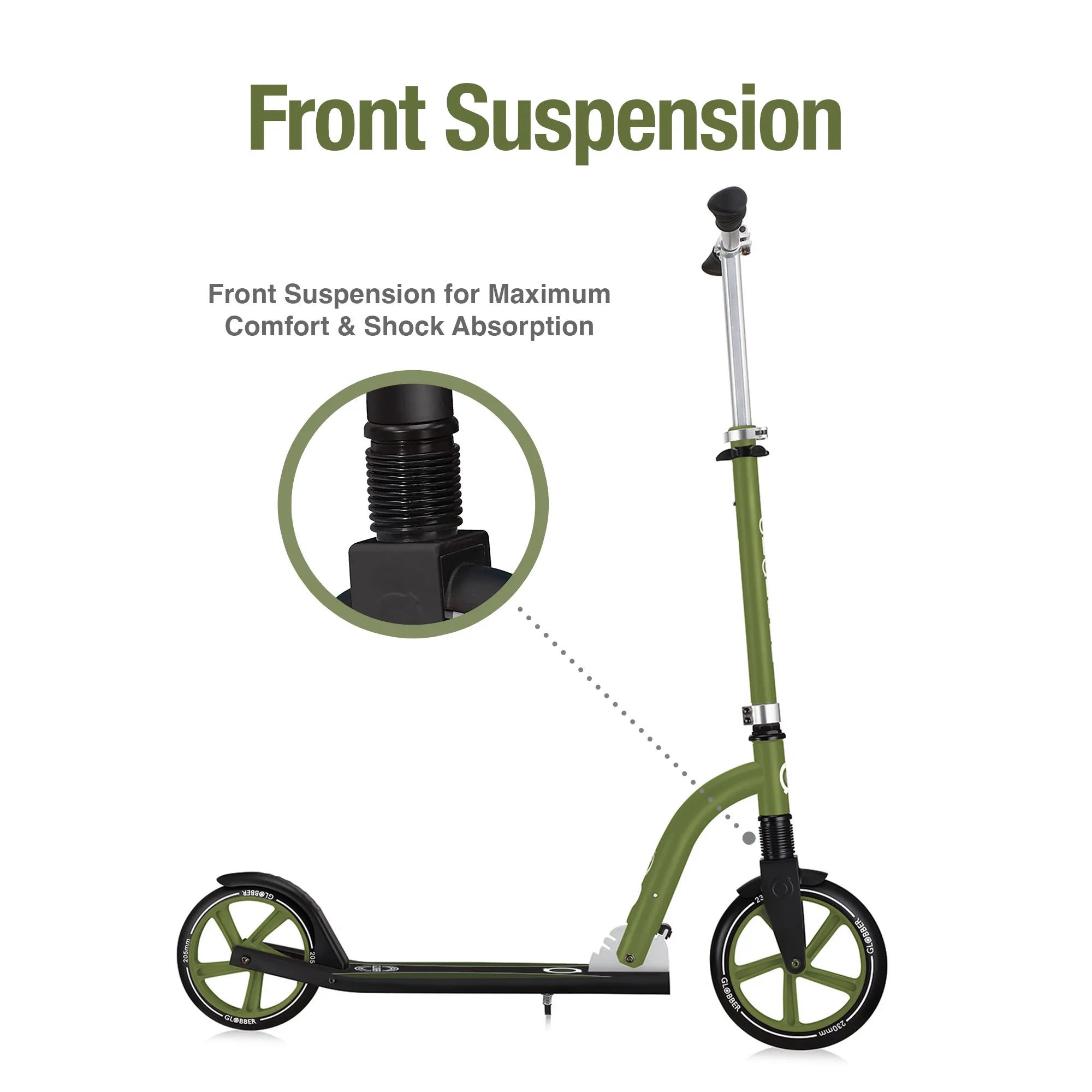 Globber NL 230-205 Duo - Premium Big Wheel Scooter - Adjustable & Foldable - Khaki Green - Ages 14-Adult