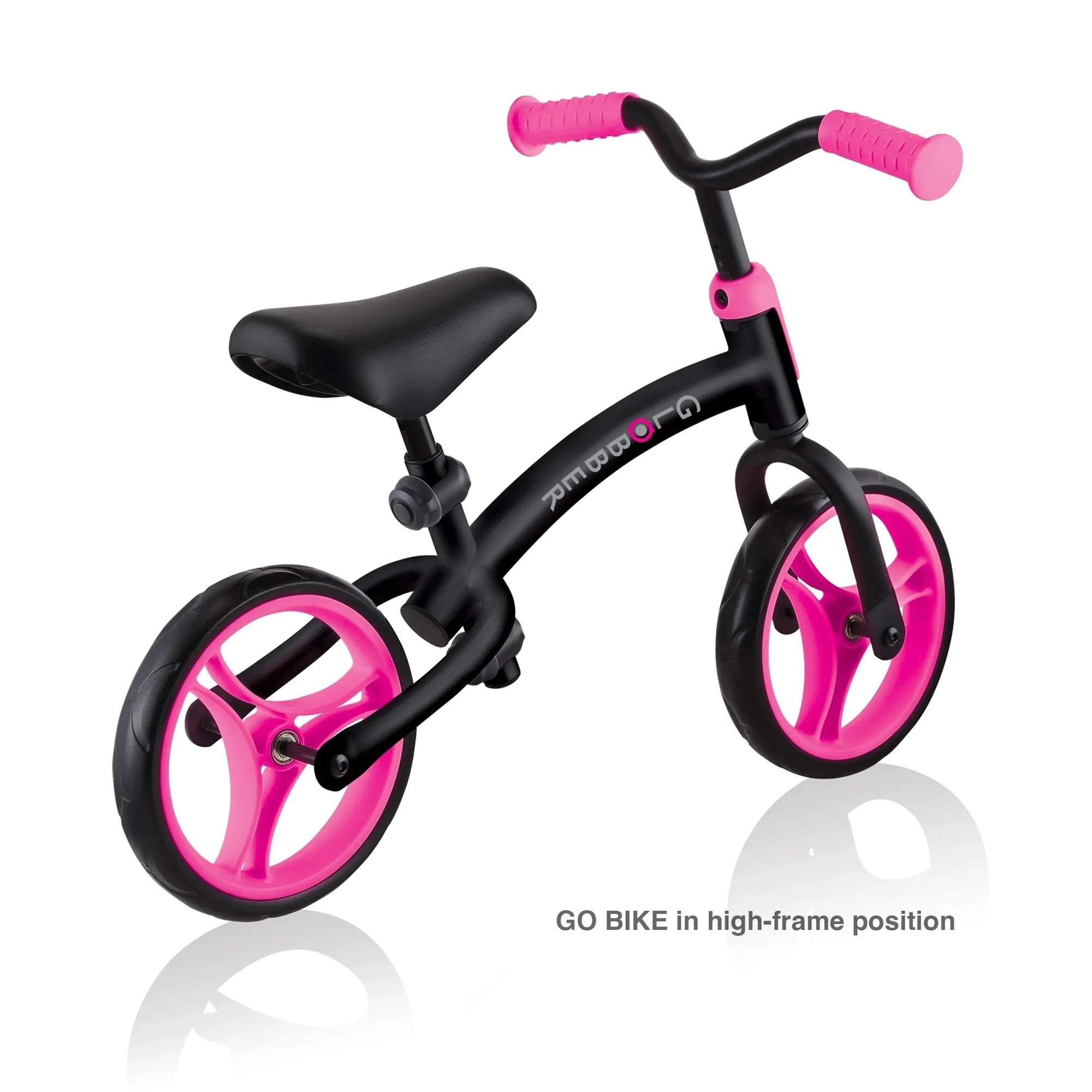 Globber Go Bike Balance Bike Black and Neon Pink Rear View High Frame Option