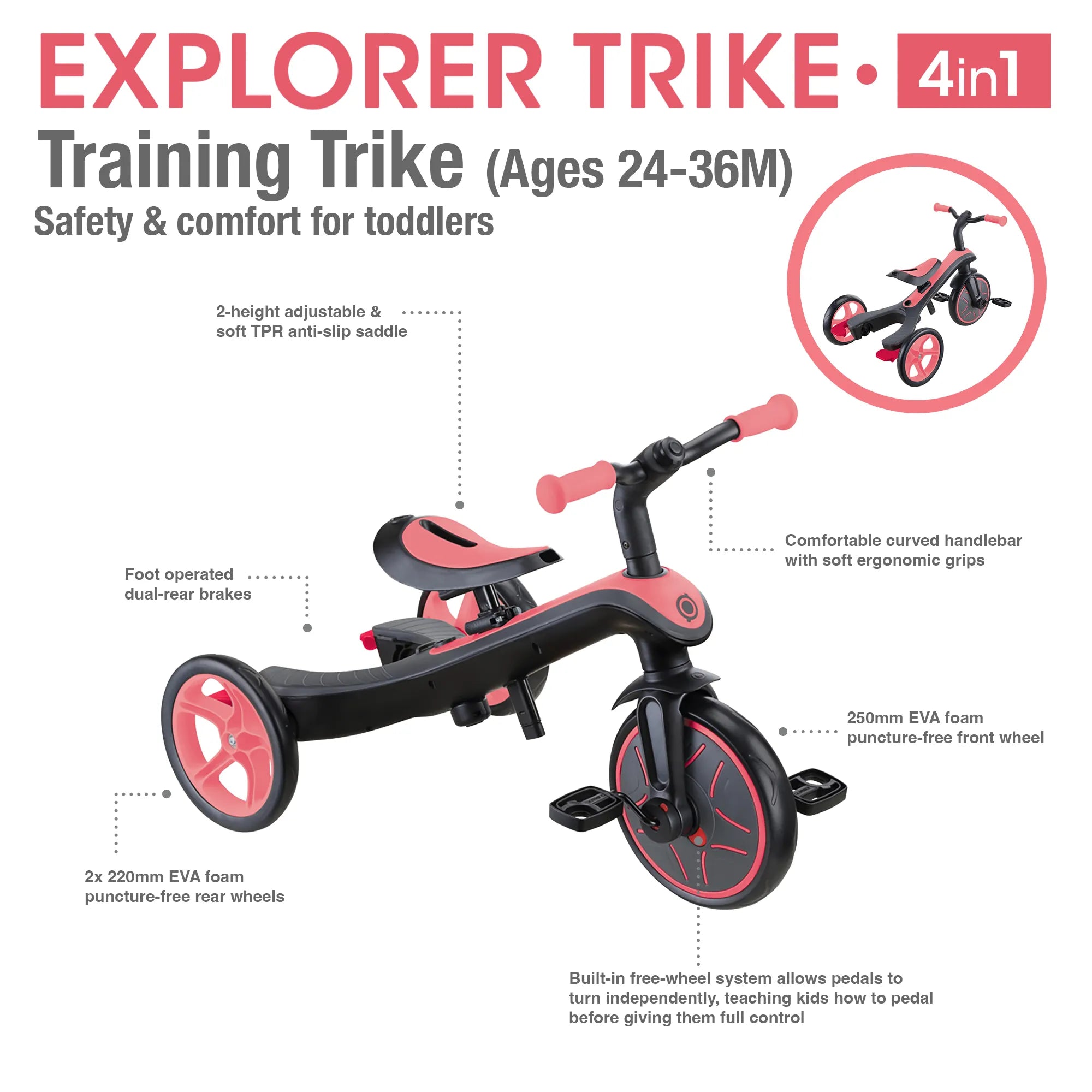 Globber Explorer Trike 4 in 1 Learning Trike Mode Key Features New Model Coral Pink Colour Front Right and Back Views