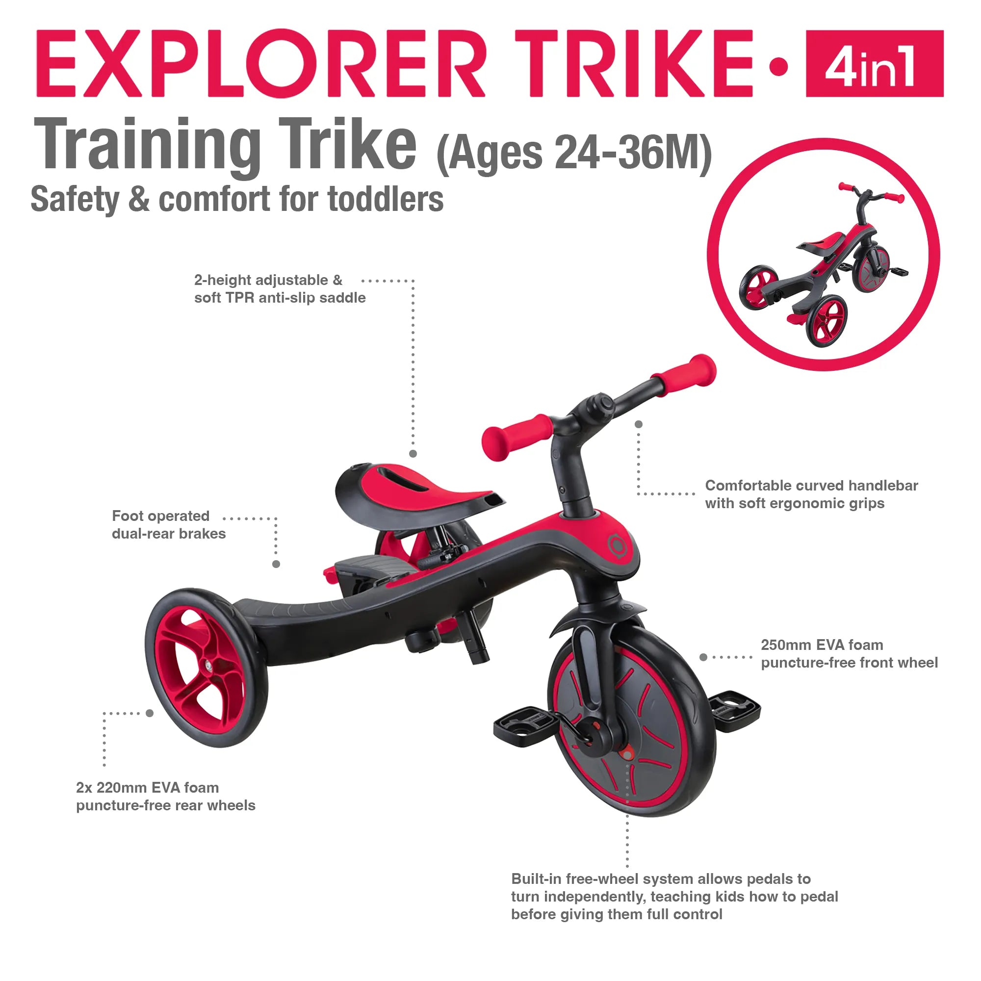 Globber Explorer Trike 4 in 1 Learning Trike Mode Key Features New Model New Red Colour Front Right and Back Views