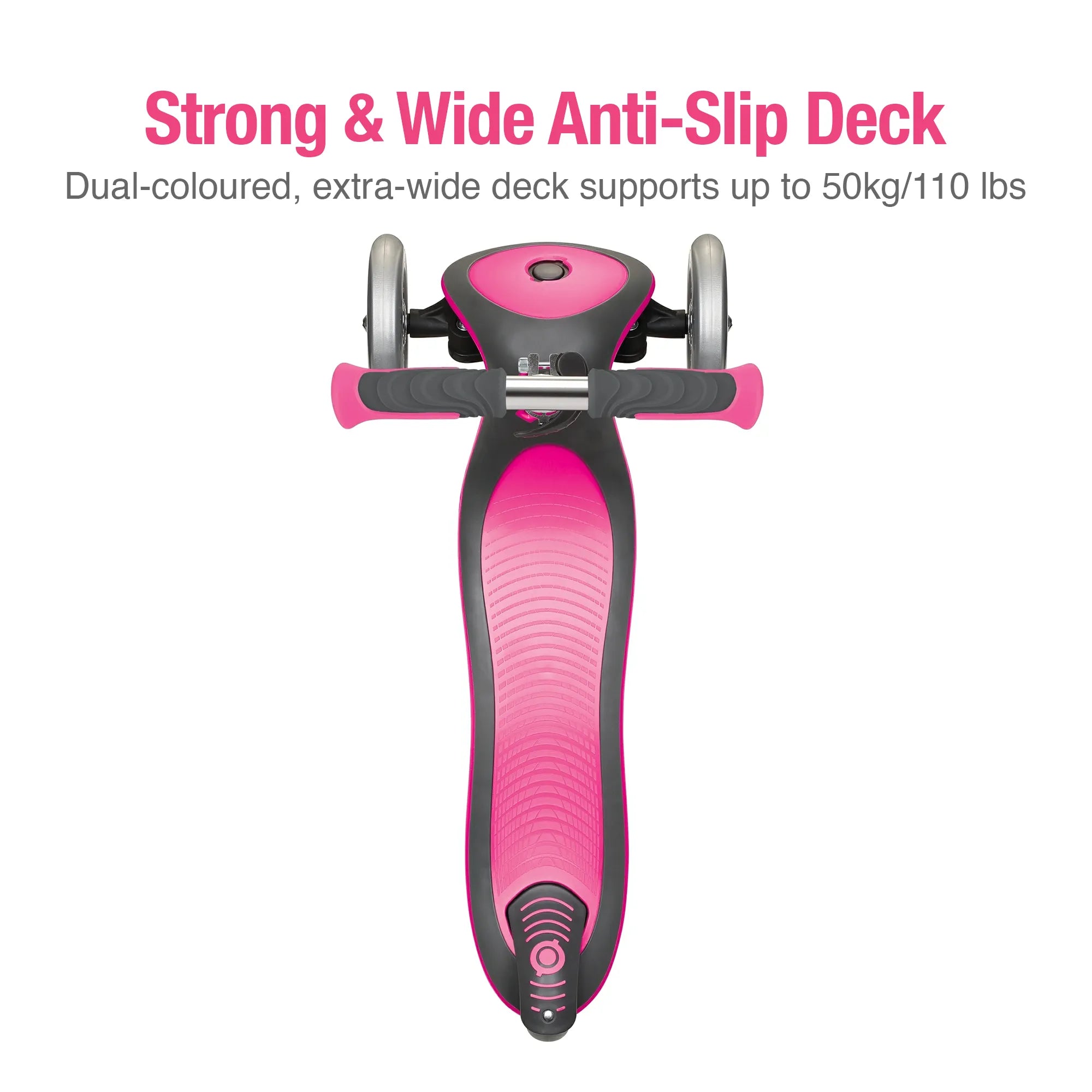 Globber elite deluxe 3 wheel scooter neon pink top view of its wide anti slip deck and 110 pound rider weight limit.