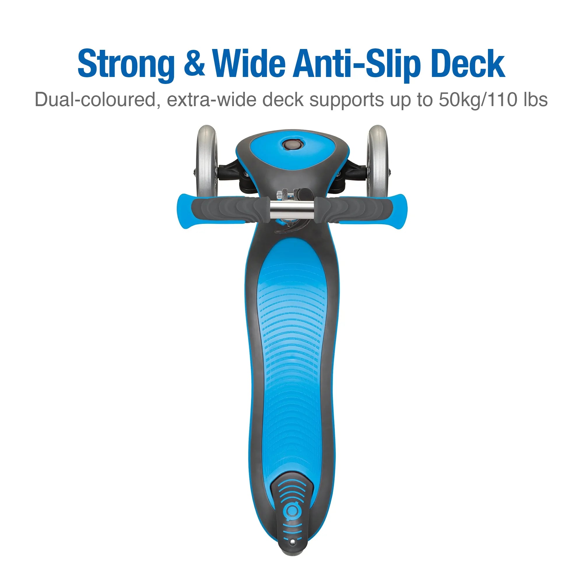 Globber elite deluxe 3 wheel scooter sky blue top view of its wide anti slip deck and 110 pound rider weight limit.