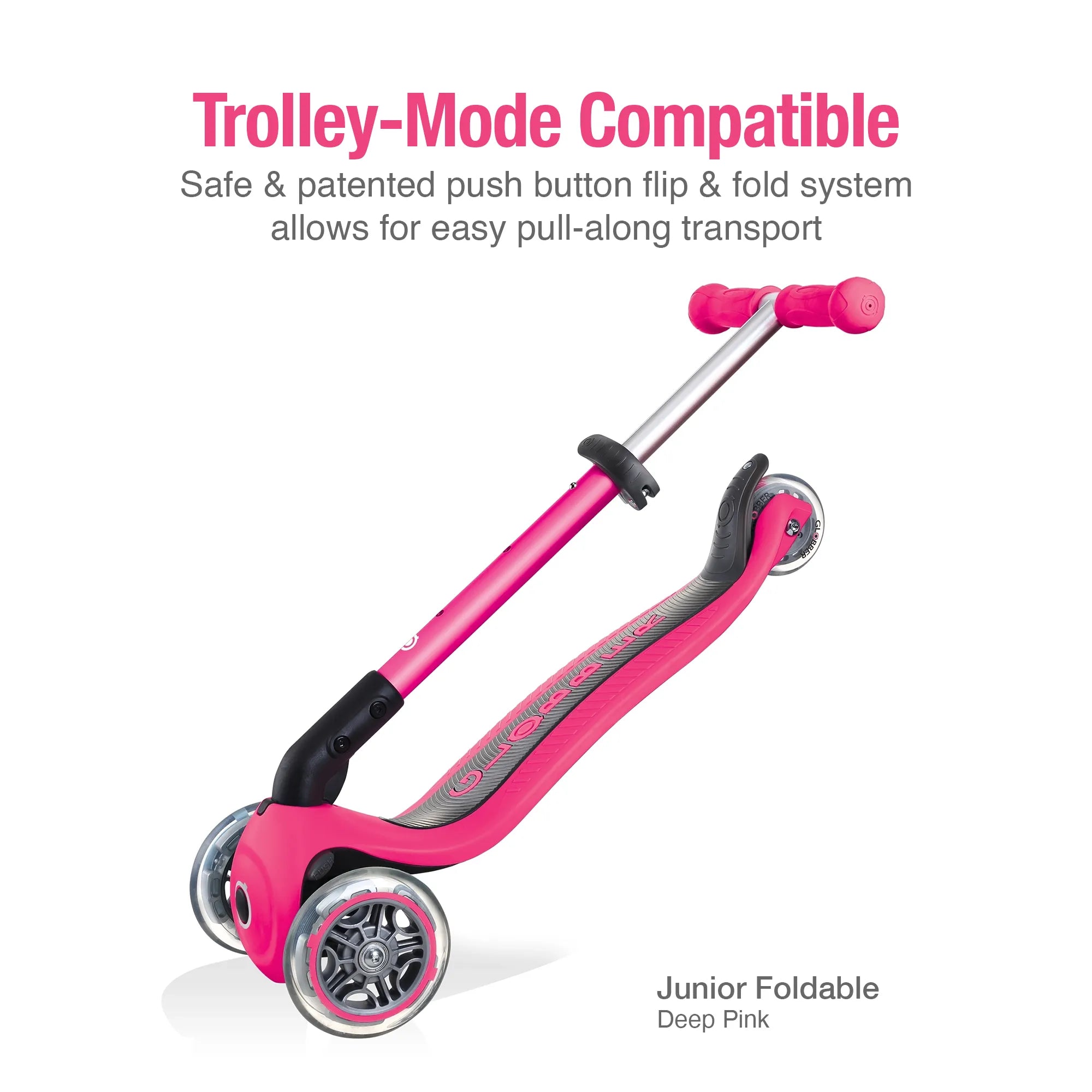 Globber junior foldable and adjustable 3 wheel scooter deep pink front left view displaying it in pull along trolley mode.