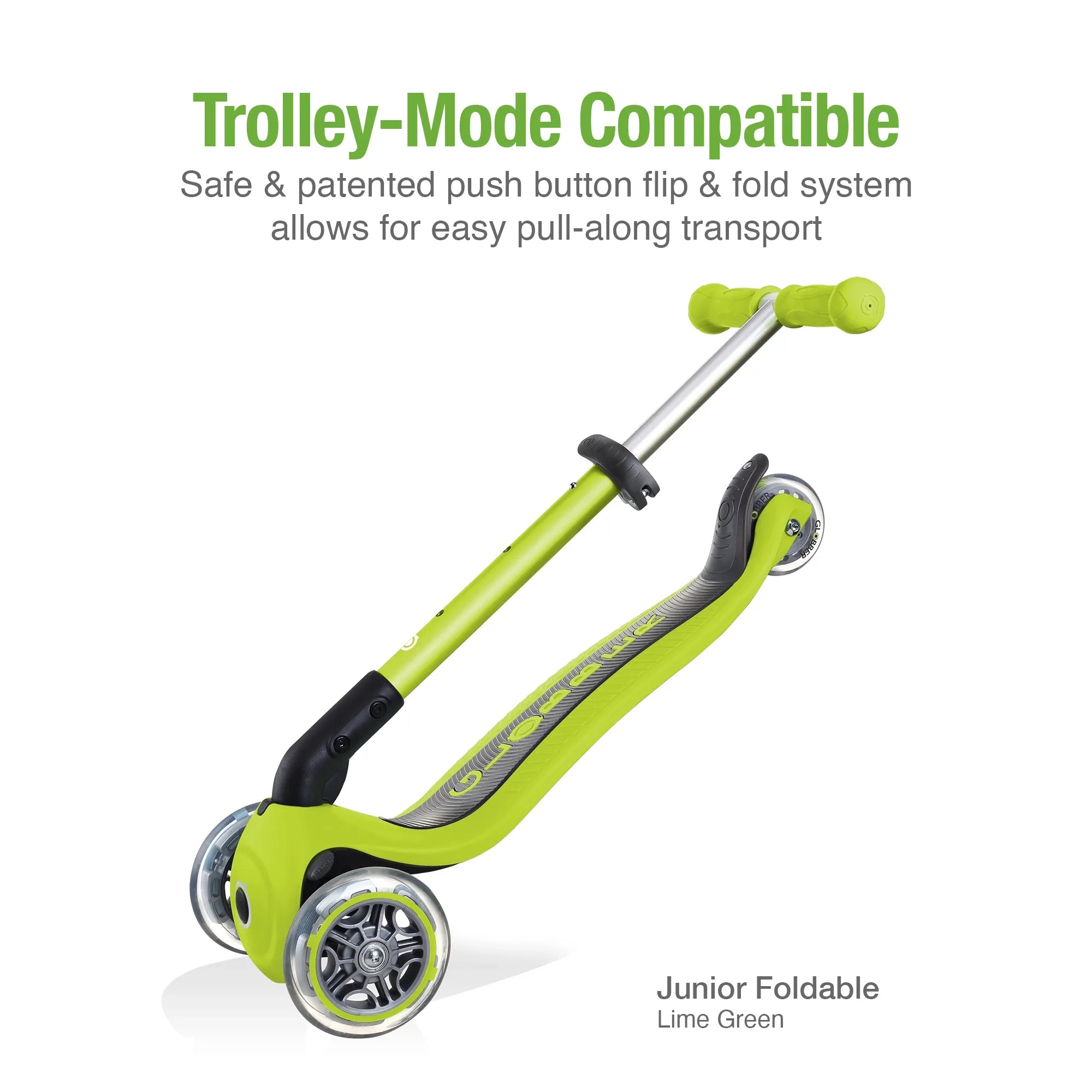 Globber junior foldable and adjustable 3 wheel scooter lime green front left view displaying it in pull along trolley mode.