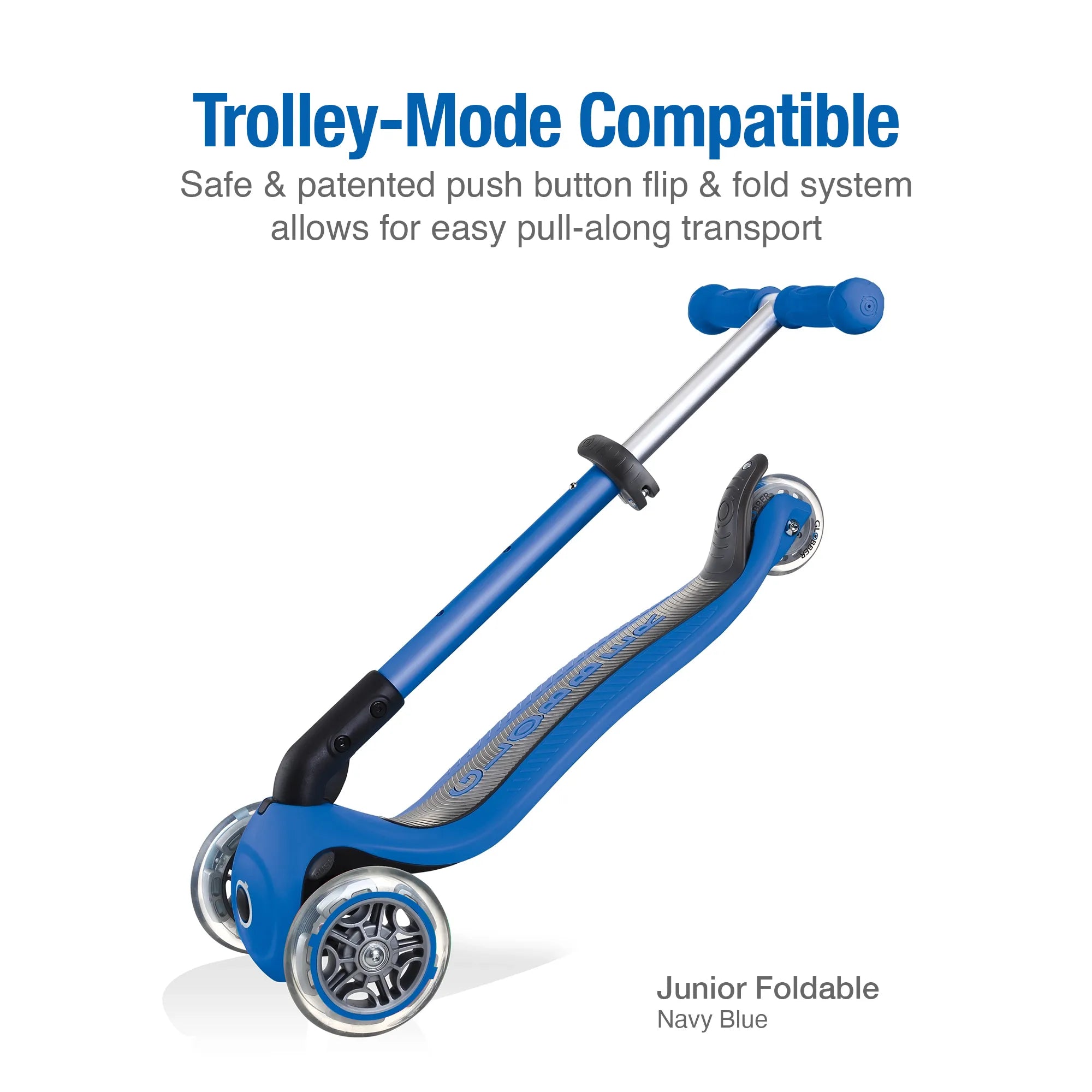 Globber junior foldable and adjustable 3 wheel scooter navy blue front left view displaying it in pull along trolley mode.