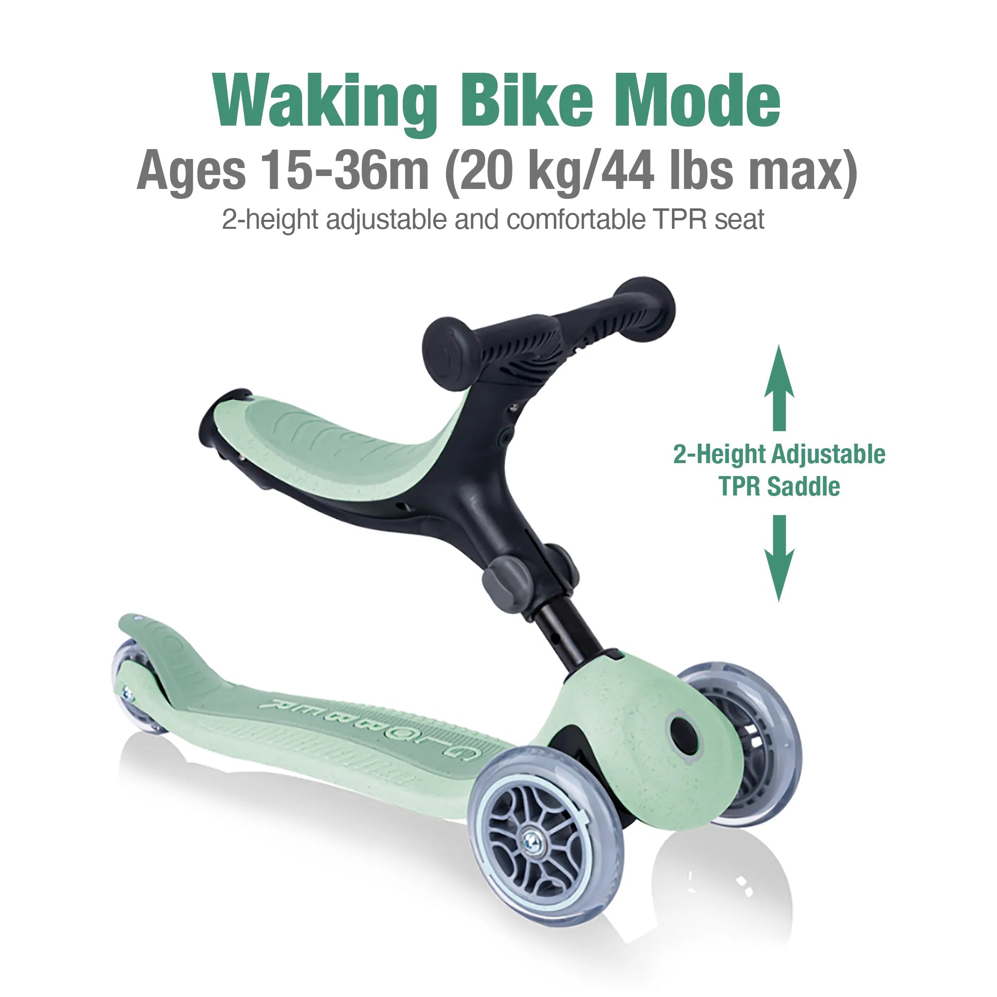 Globber GO•UP Foldable PLUS Ecologic 3-in-1 - Pistachio Green - Planet-Friendly Fun - Ages 15m-7+ yrs