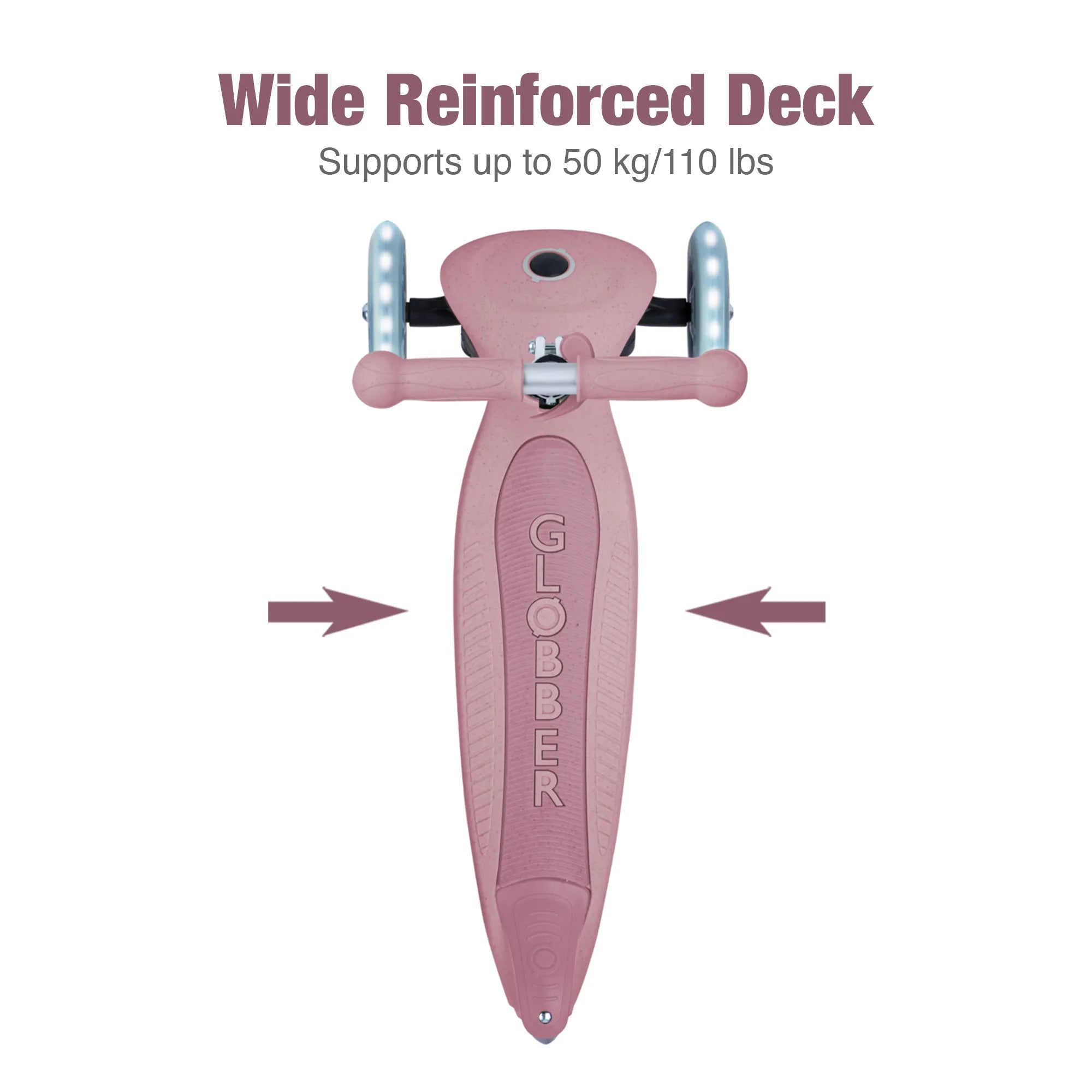 Globber junior foldable 3 wheel scooter berry pink top view of its wide anti slip deck and 110 pound rider weight limit.