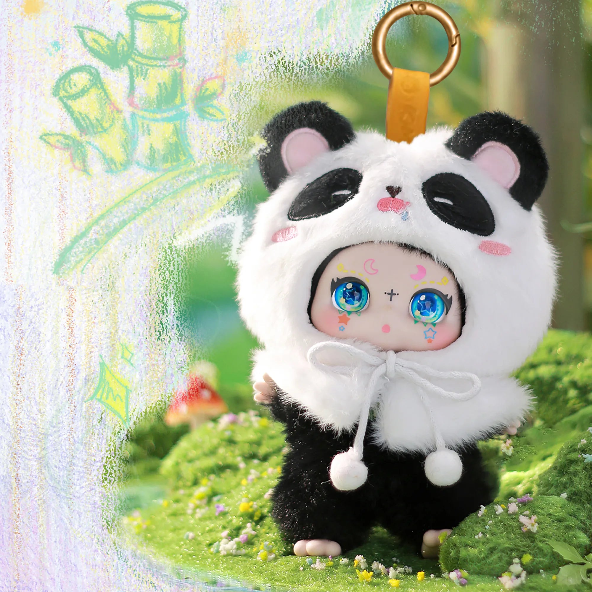 Kimmon New Over The Moon panda bear themed premium plush doll in a forest setting.