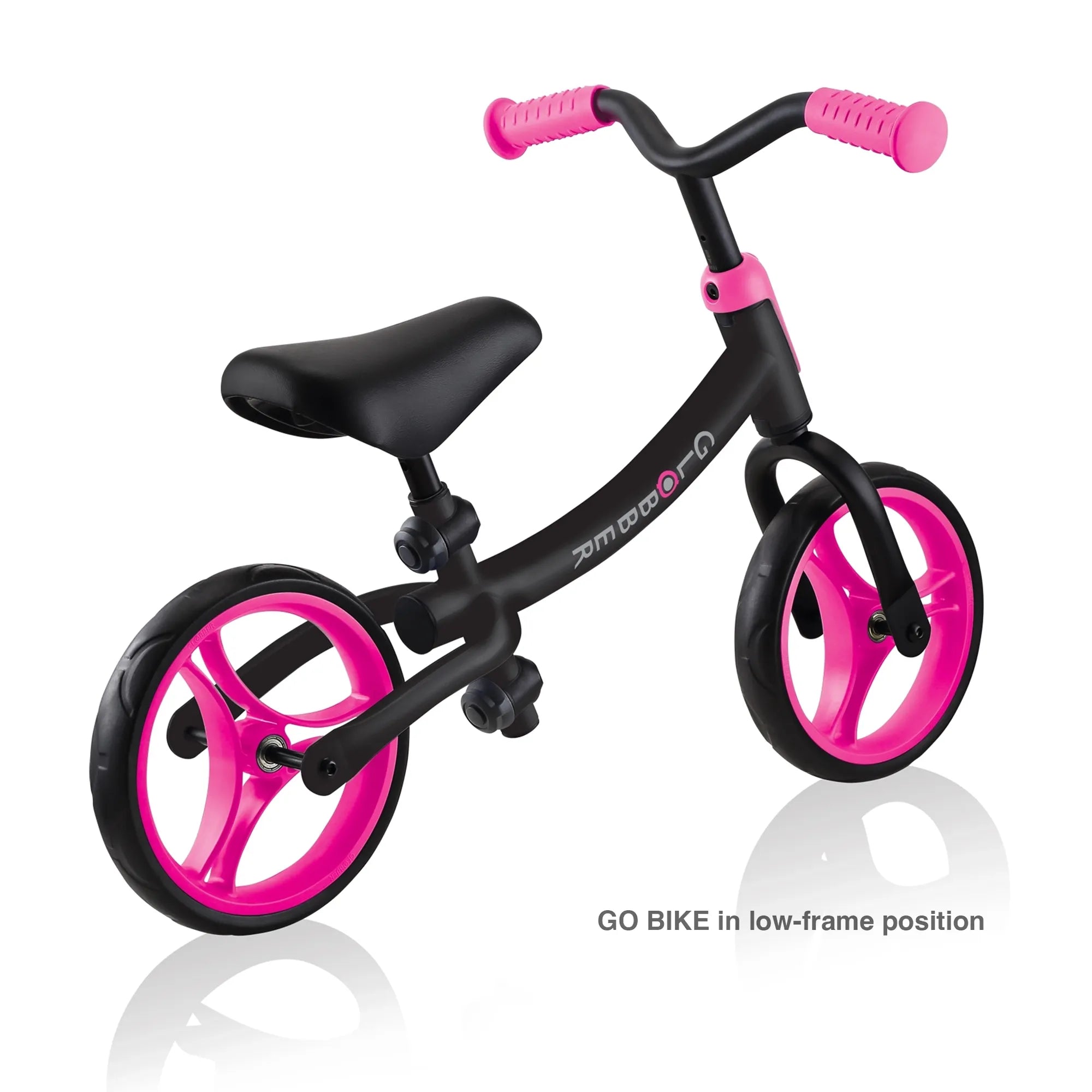 Globber Go Bike Balance Bike Black and Neon Pink Rear View Low Frame Option