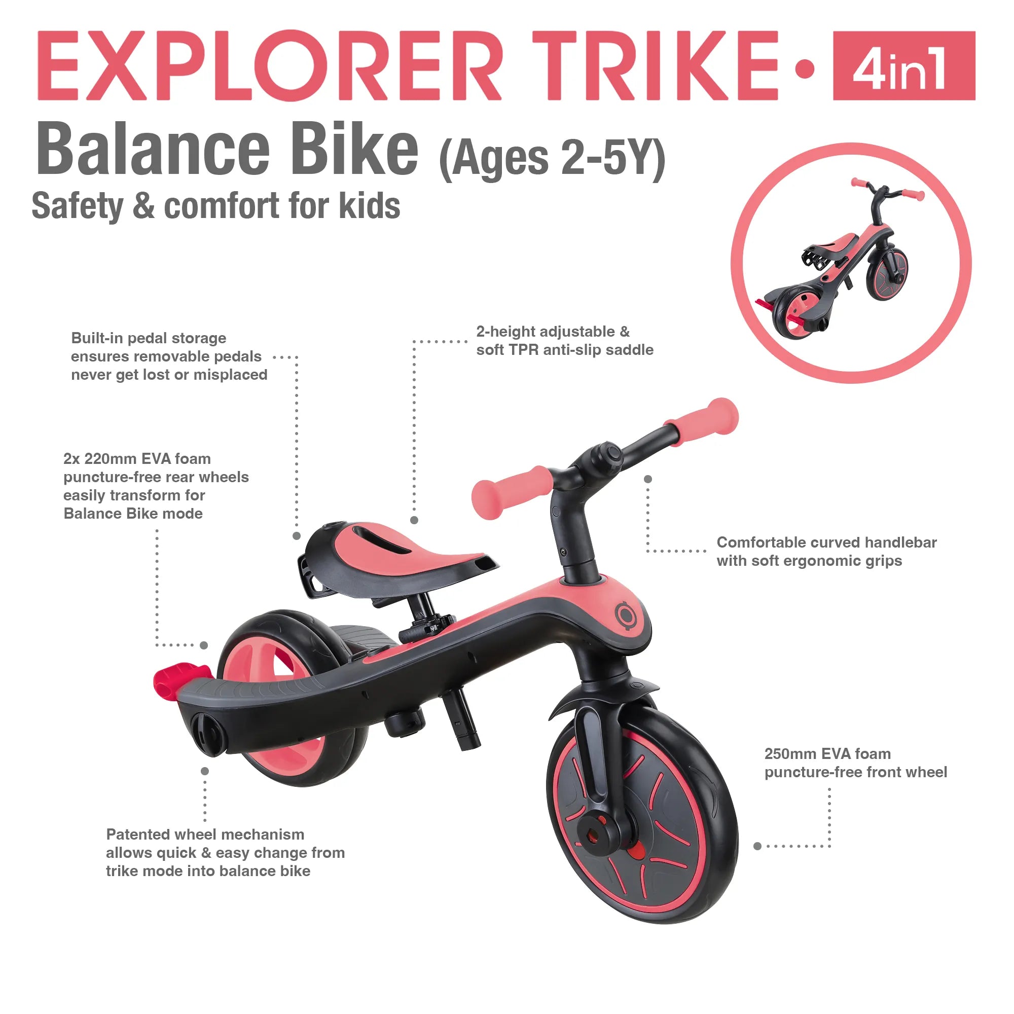 Explorer Trike 4 in 1 Balance Bike Mode Learning Bike Key Features New Model Coral Pink Colour Front Right and Back Views