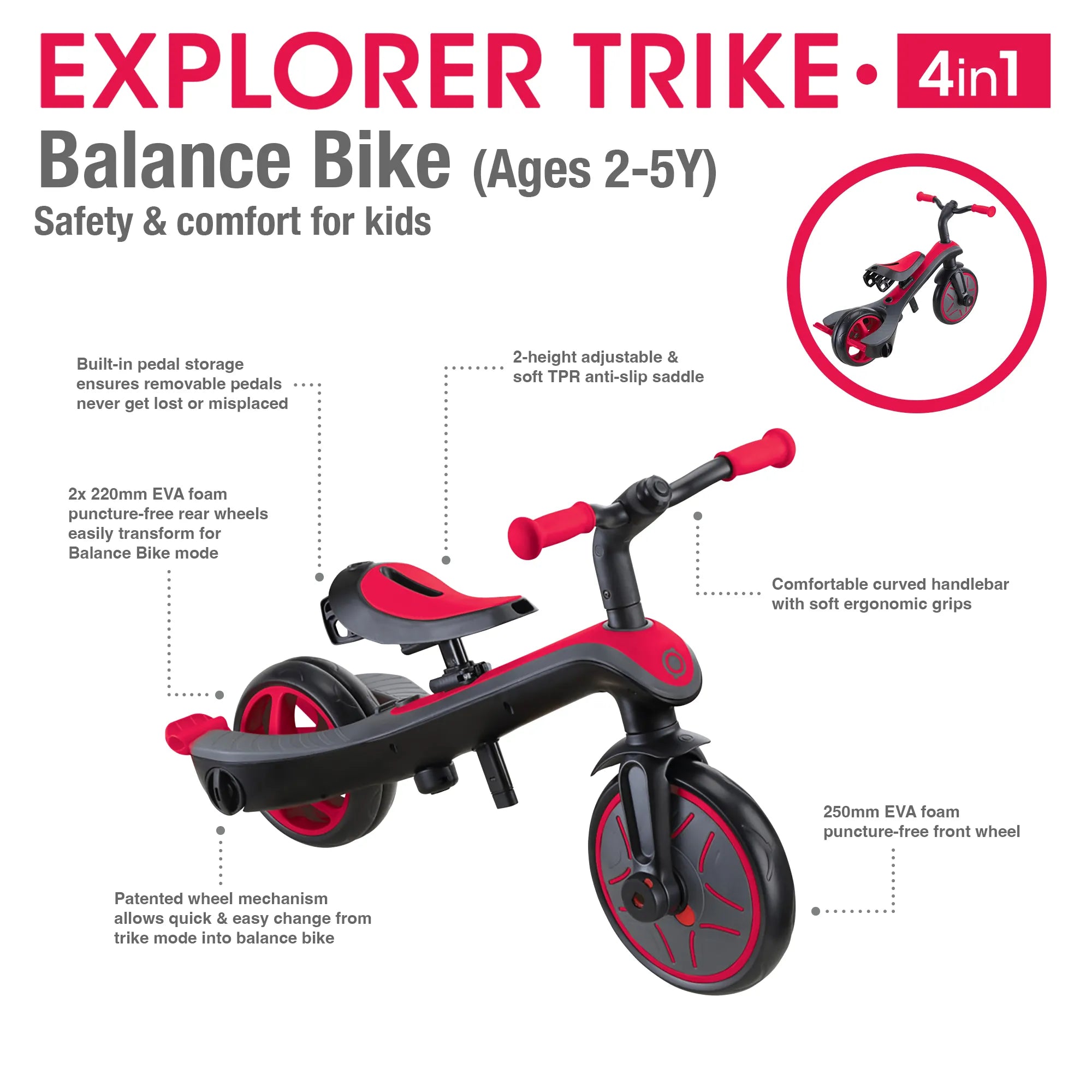 Explorer Trike 4 in 1 Balance Bike Mode Learning Bike Key Features New Model New Red Colour Front Right and Back Views