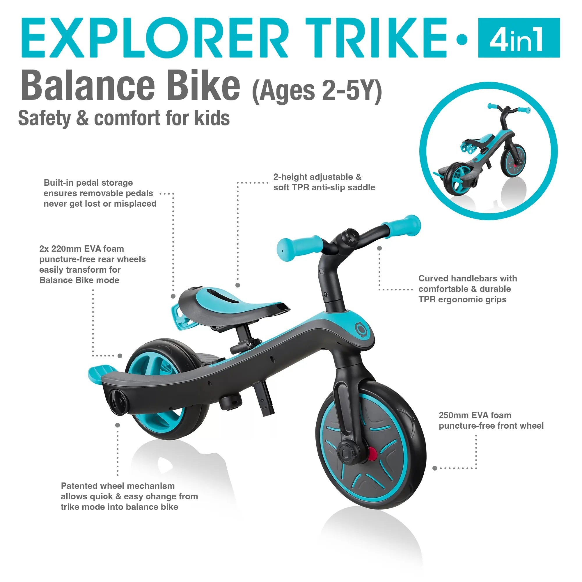 Explorer Trike 4 in 1 Balance Bike Mode Learning Bike Key Features Teal Colour Front Right and Back Views