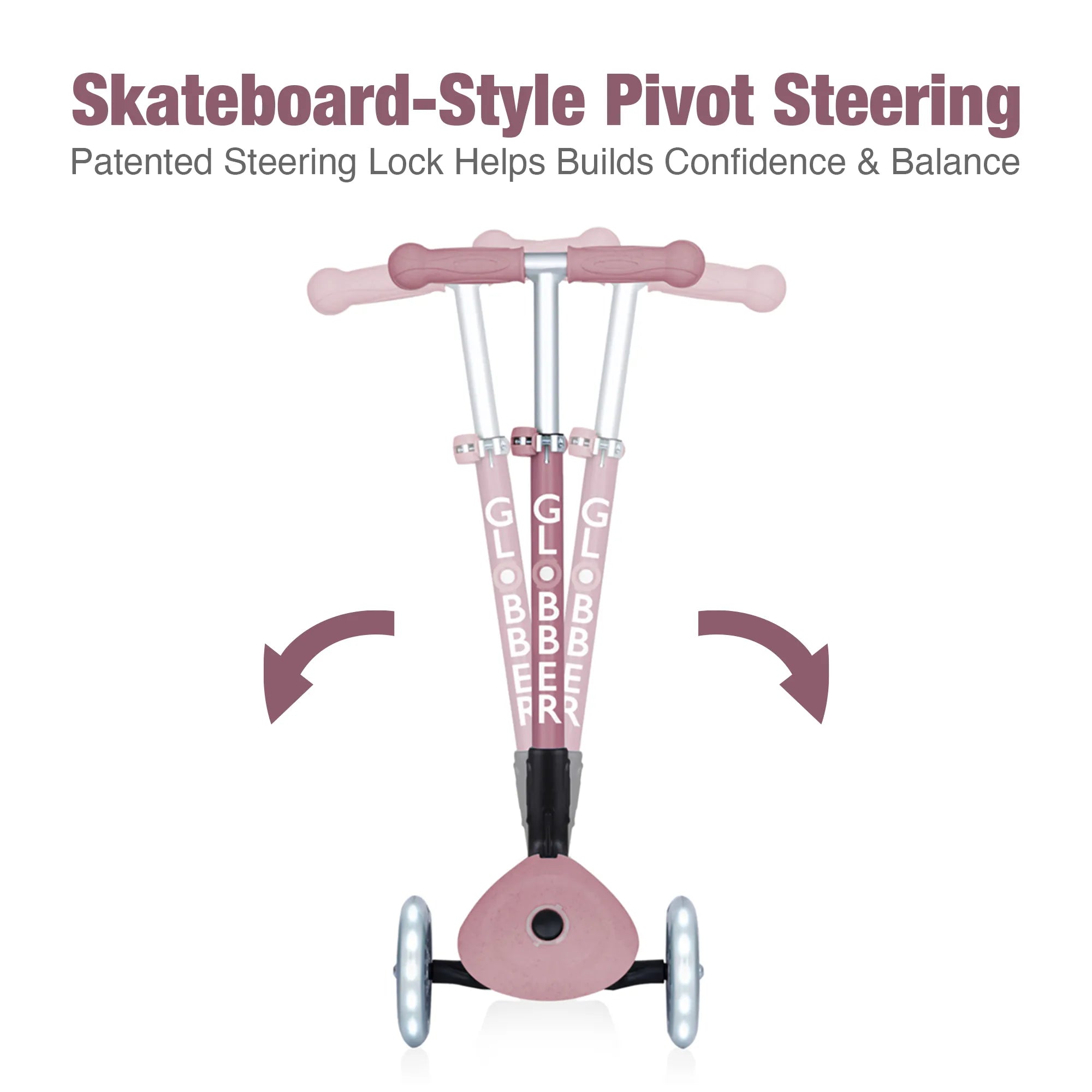 Displaying the junior ecologic lean to steer system and its patented steering lock that helps kids learn to balance and ride.