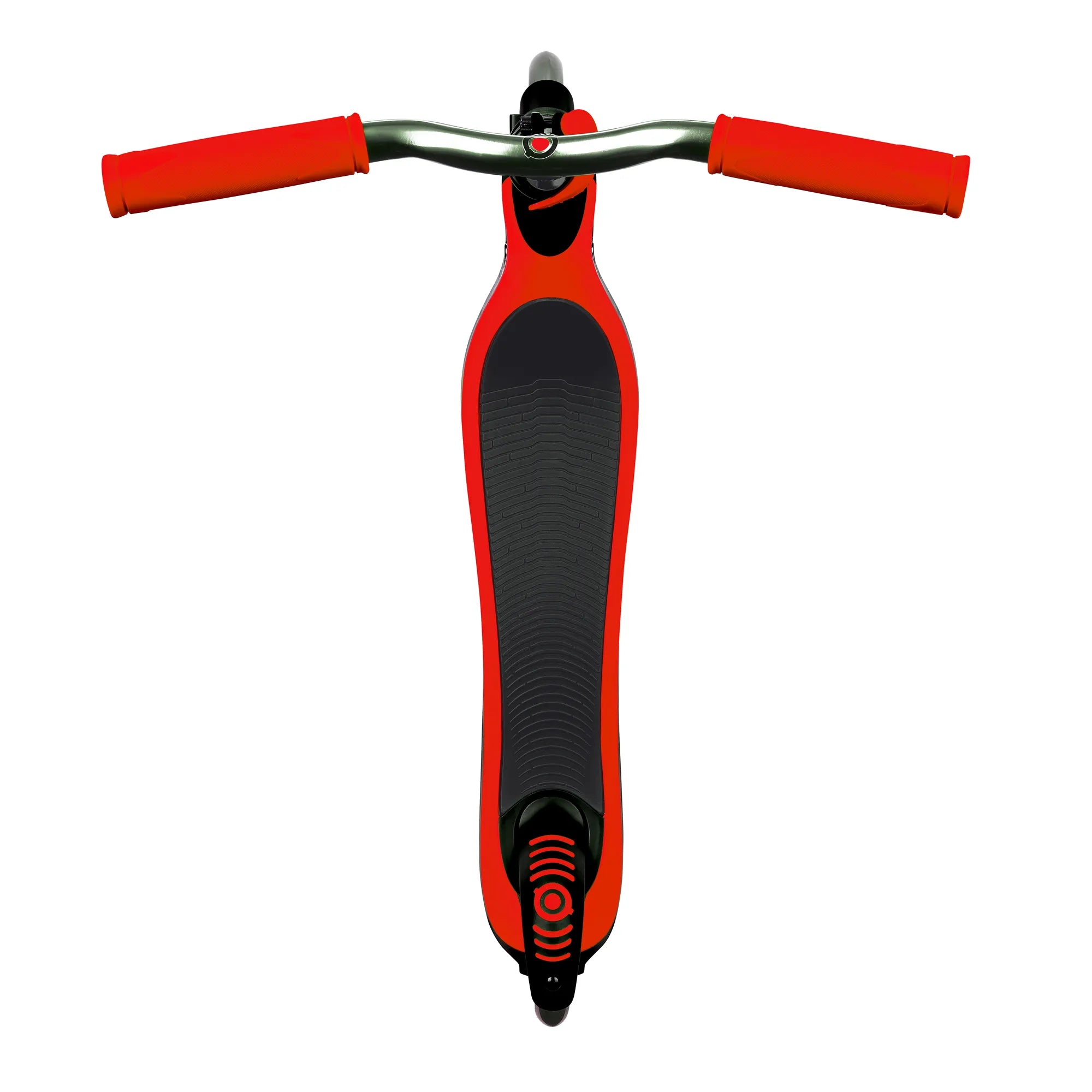 Globber flow 125 black and red full overhead view displaying its stylish shape and design.