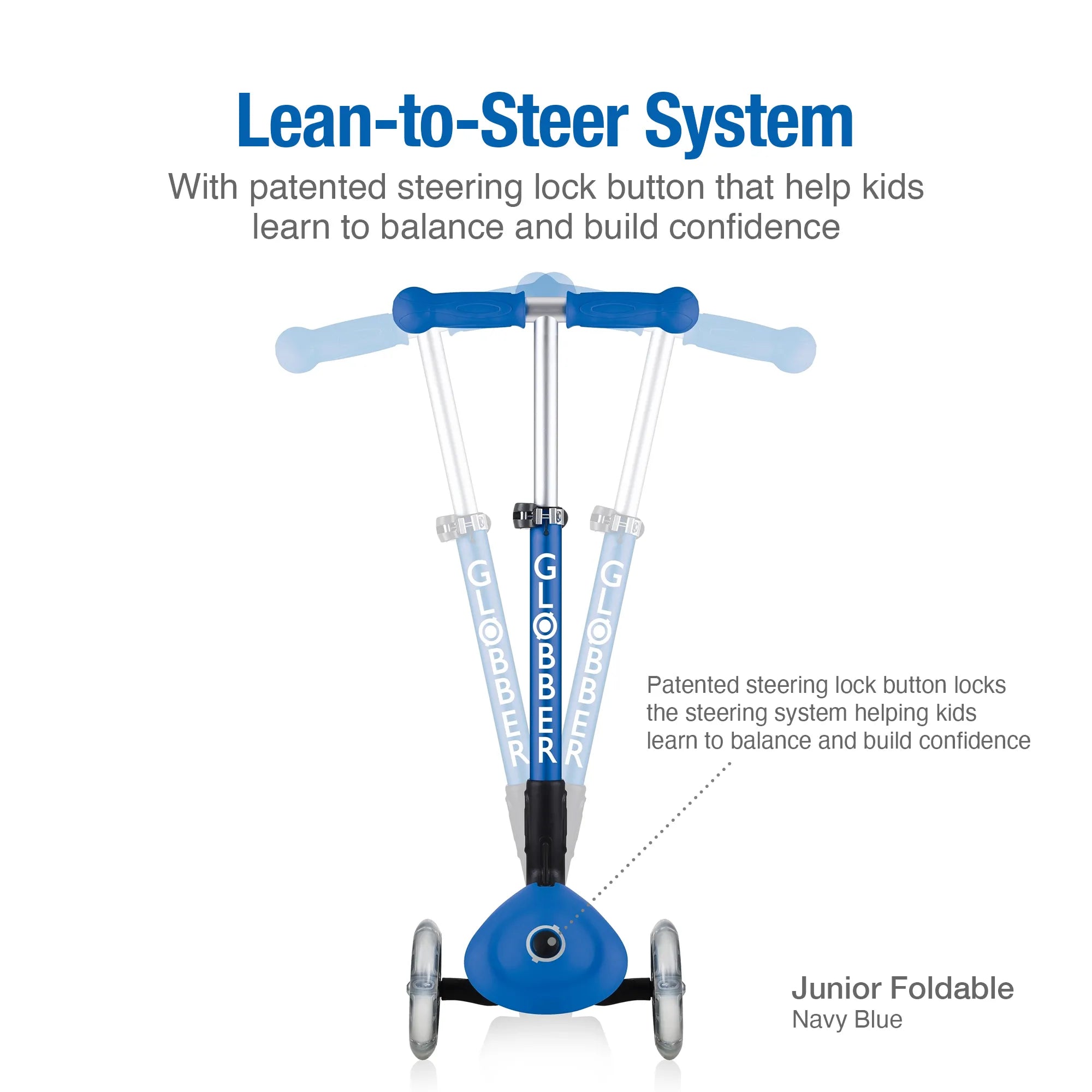 Displaying the junior foldable lean to steer system and its patented steering lock that helps kids learn to balance and ride.