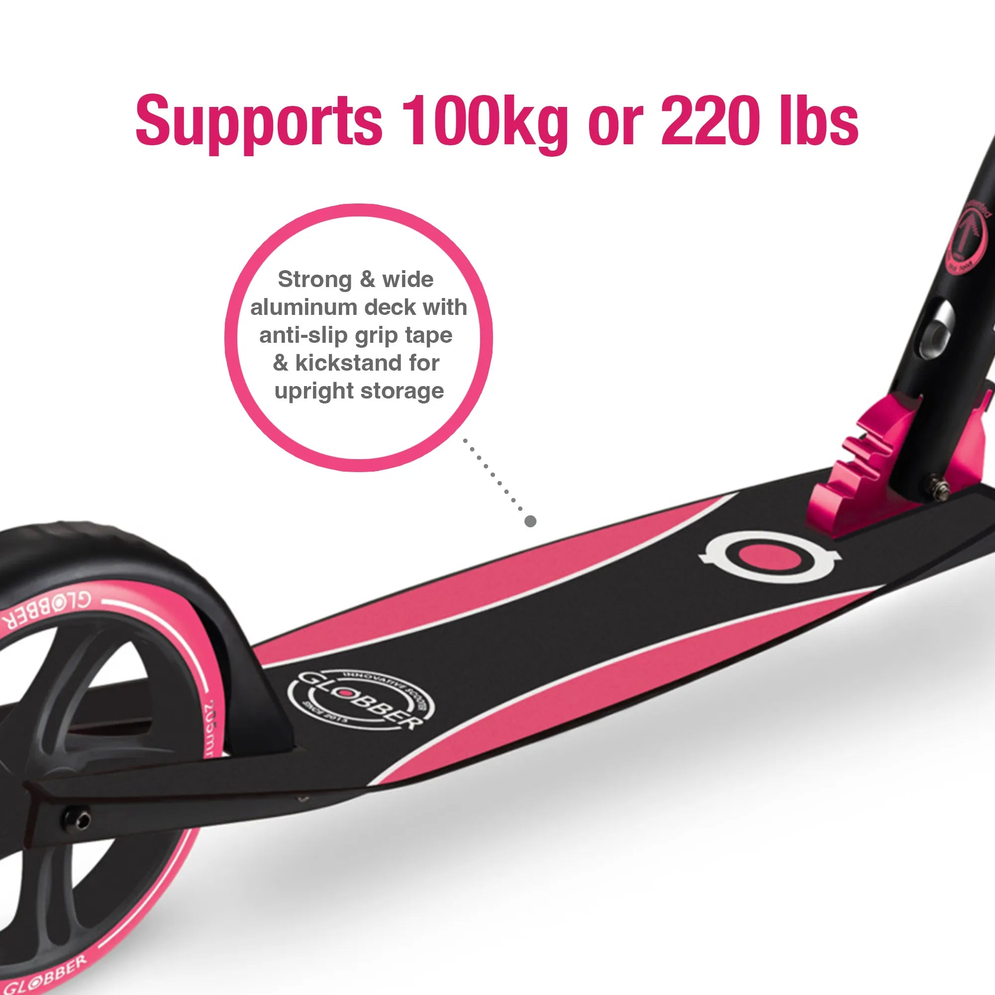 Globber NL 230-205 Duo - Premium Big Wheel Scooter - Adjustable & Foldable - Black & Pink - Ages 14-Adult