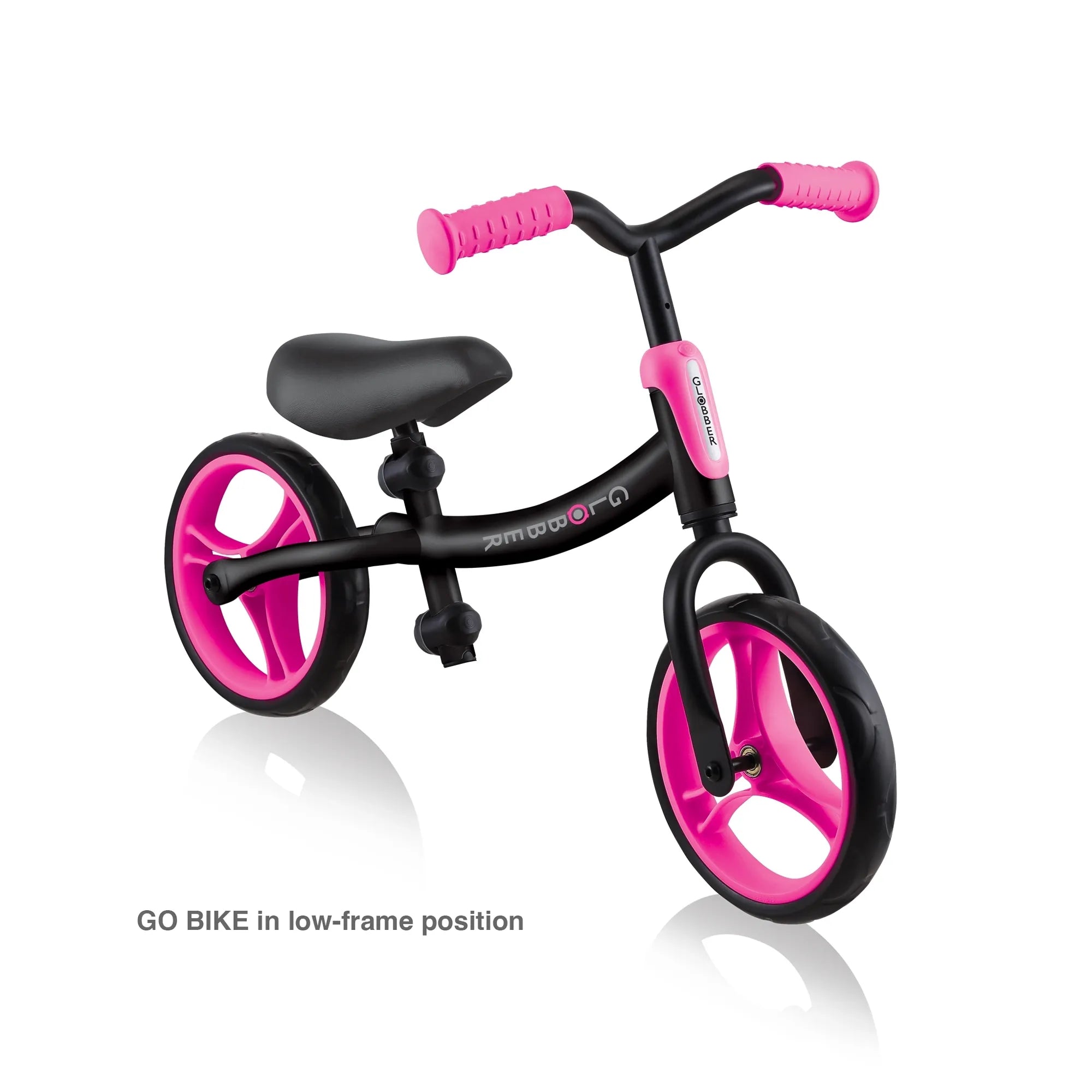 Globber Go Bike Balance Bike Black and Neon Pink Front View Low Frame Option
