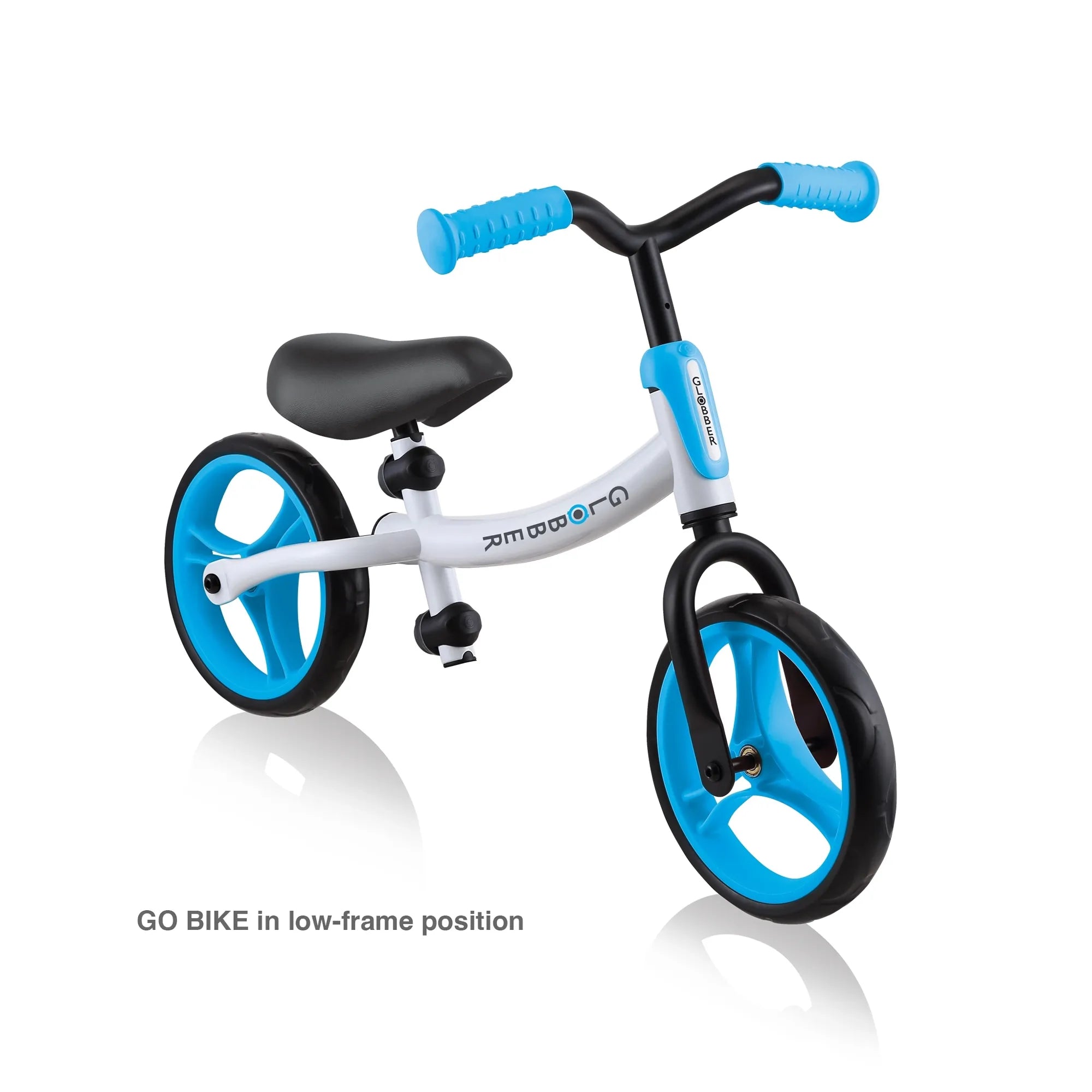 Globber Go Bike Balance Bike Black and Sky Blue Front View Low Frame Option