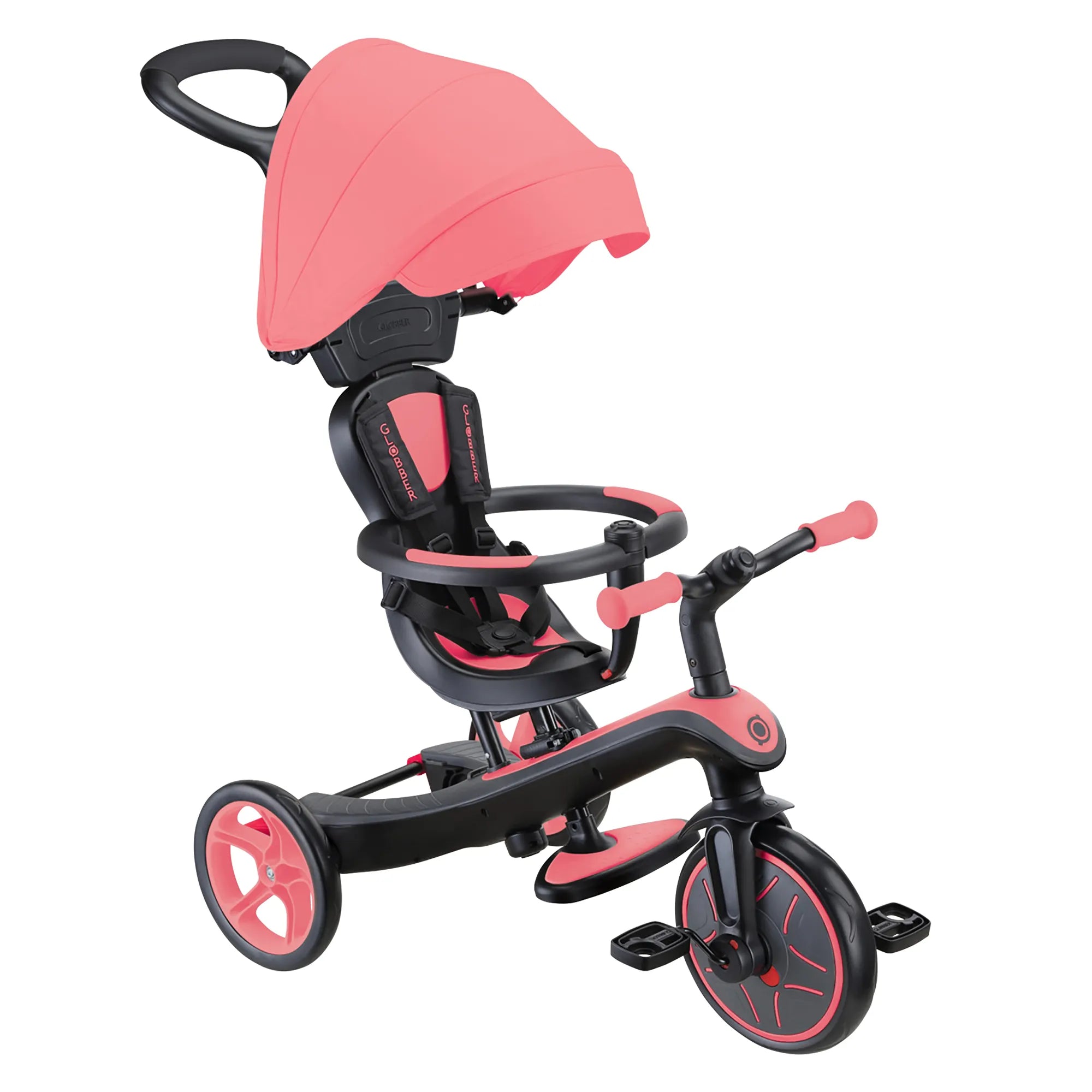 Globber Explorer Trike 4 in 1 Infant Trike Mode New Model Coral Pink Colour Front Right View