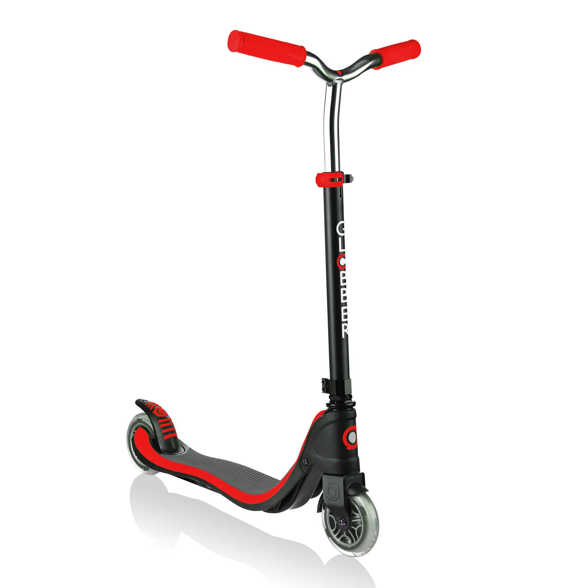 Globber flow 125 adjustable scooter black and red ages 6 to adult front right view displaying its stylish design.