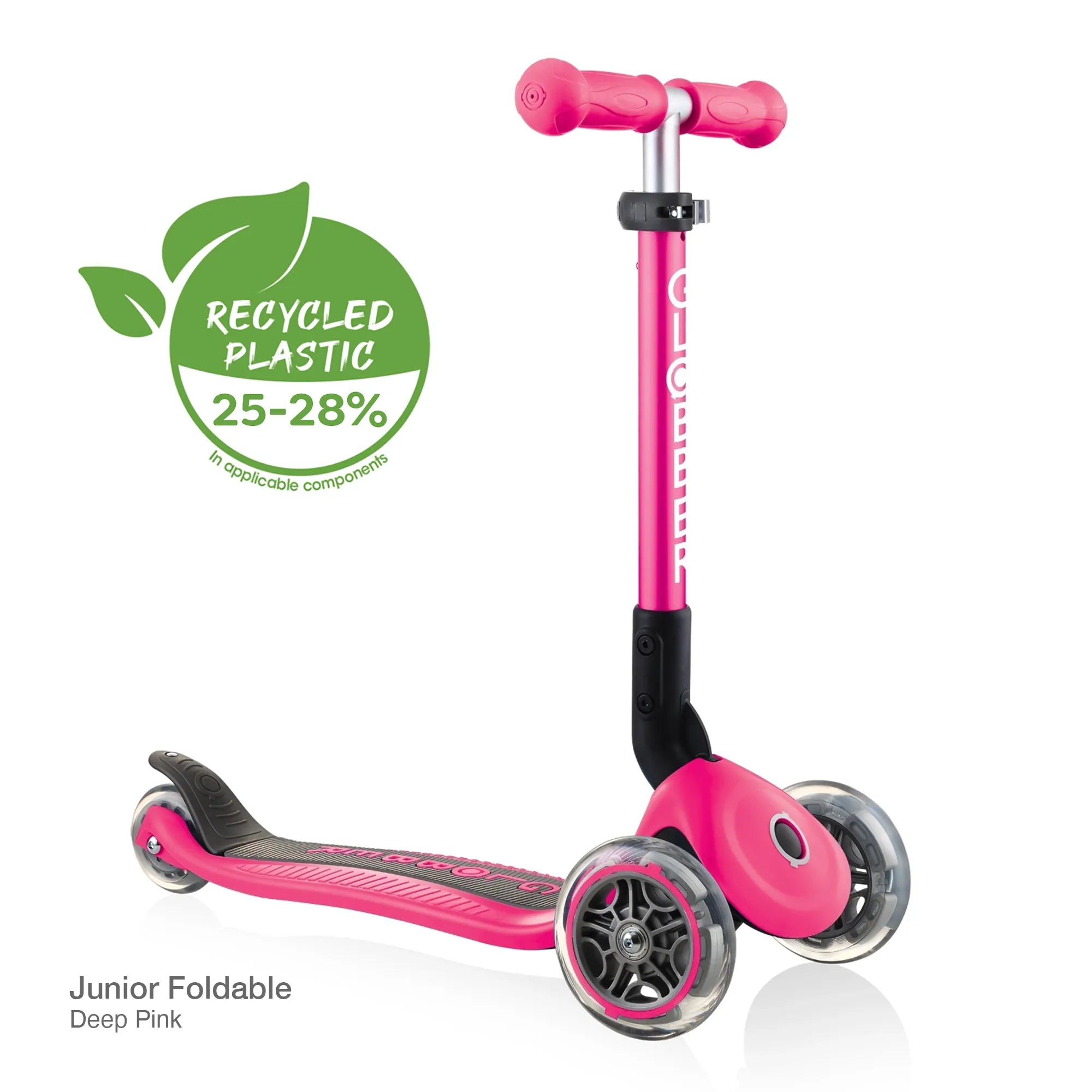 Globber junior foldable adjustable 3 wheel scooter deep pink with G R S eco friendly recycled plastic logo front right view.