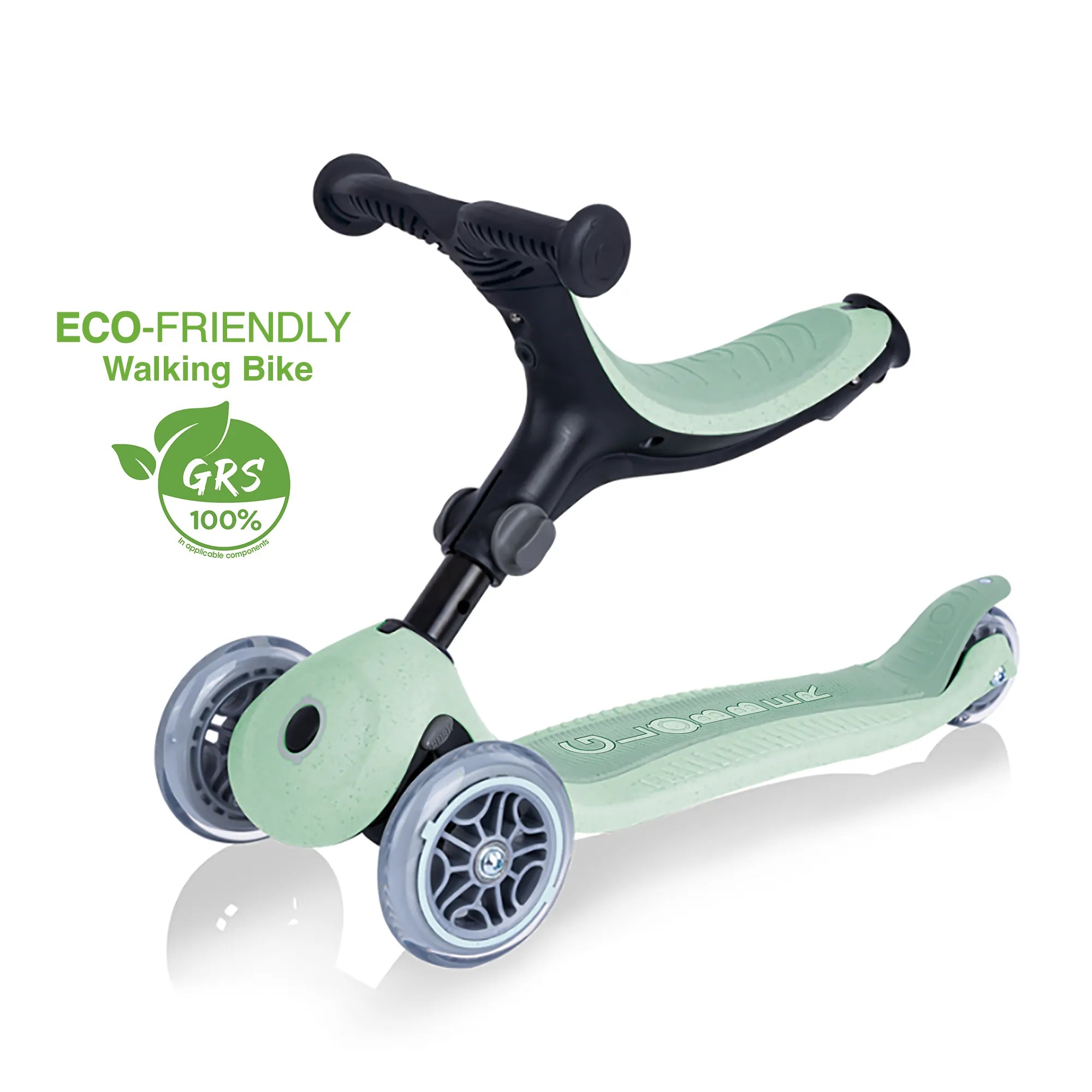 Globber GO•UP Foldable PLUS Ecologic 3-in-1 - Pistachio Green - Planet-Friendly Fun - Ages 15m-7+ yrs