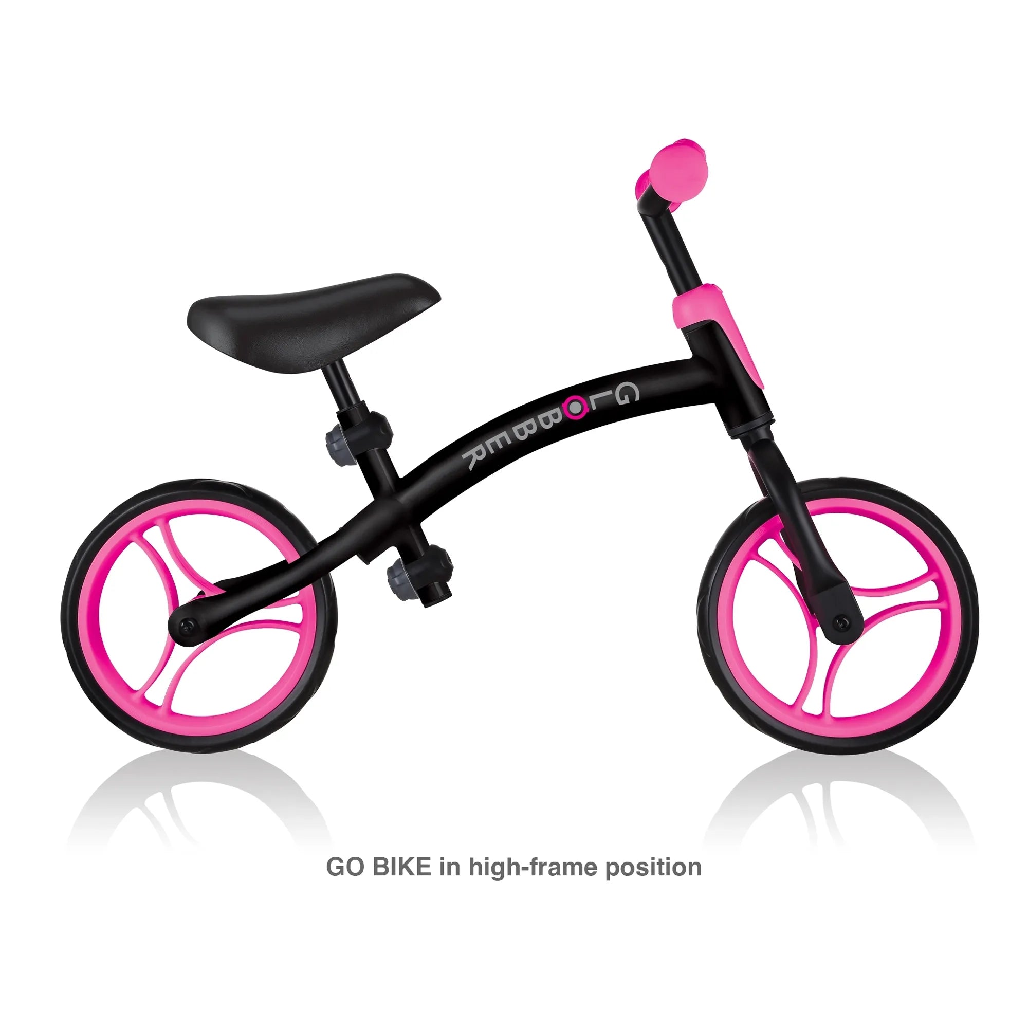 Globber Go Bike Balance Bike Black and Neon Pink Side View High Frame Option