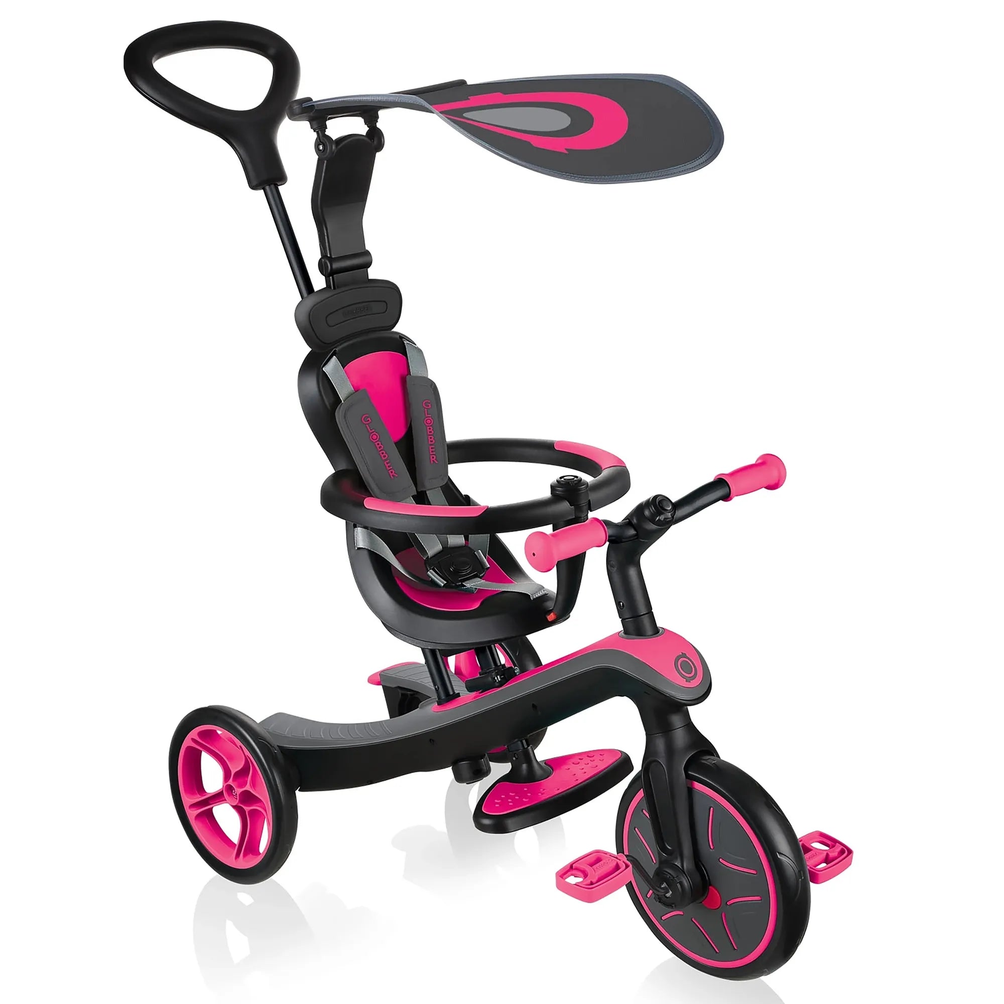 Globber Explorer Trike 4 in 1, Fuschia Pink, Main Image, Infant Trike Mode, Front View, Browns Hobby & Game.