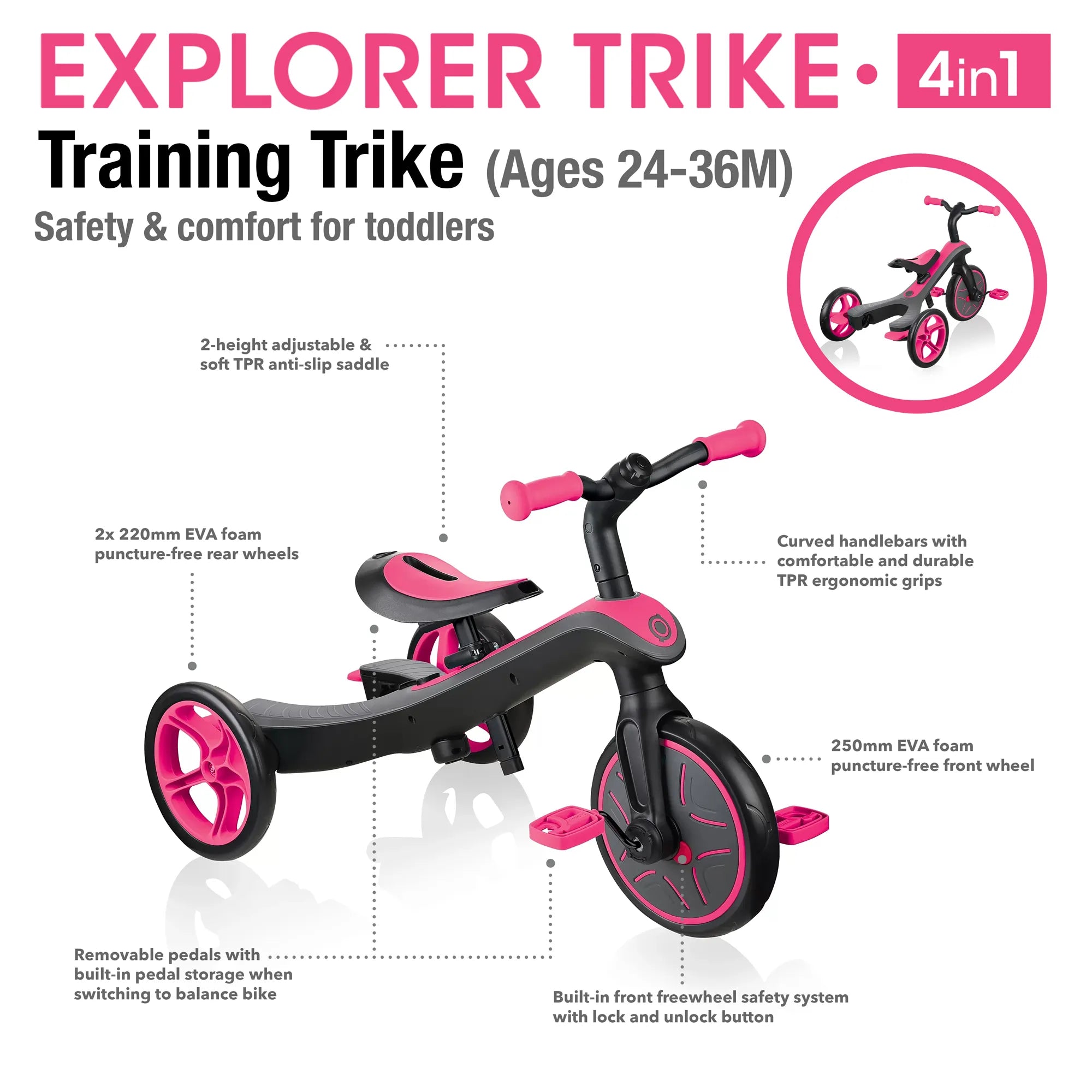 Globber Explorer Trike 4 in 1, Fuschia Pink, Training Trike Mode, Front and Rear Views, with Features, Browns Hobby & Game.
