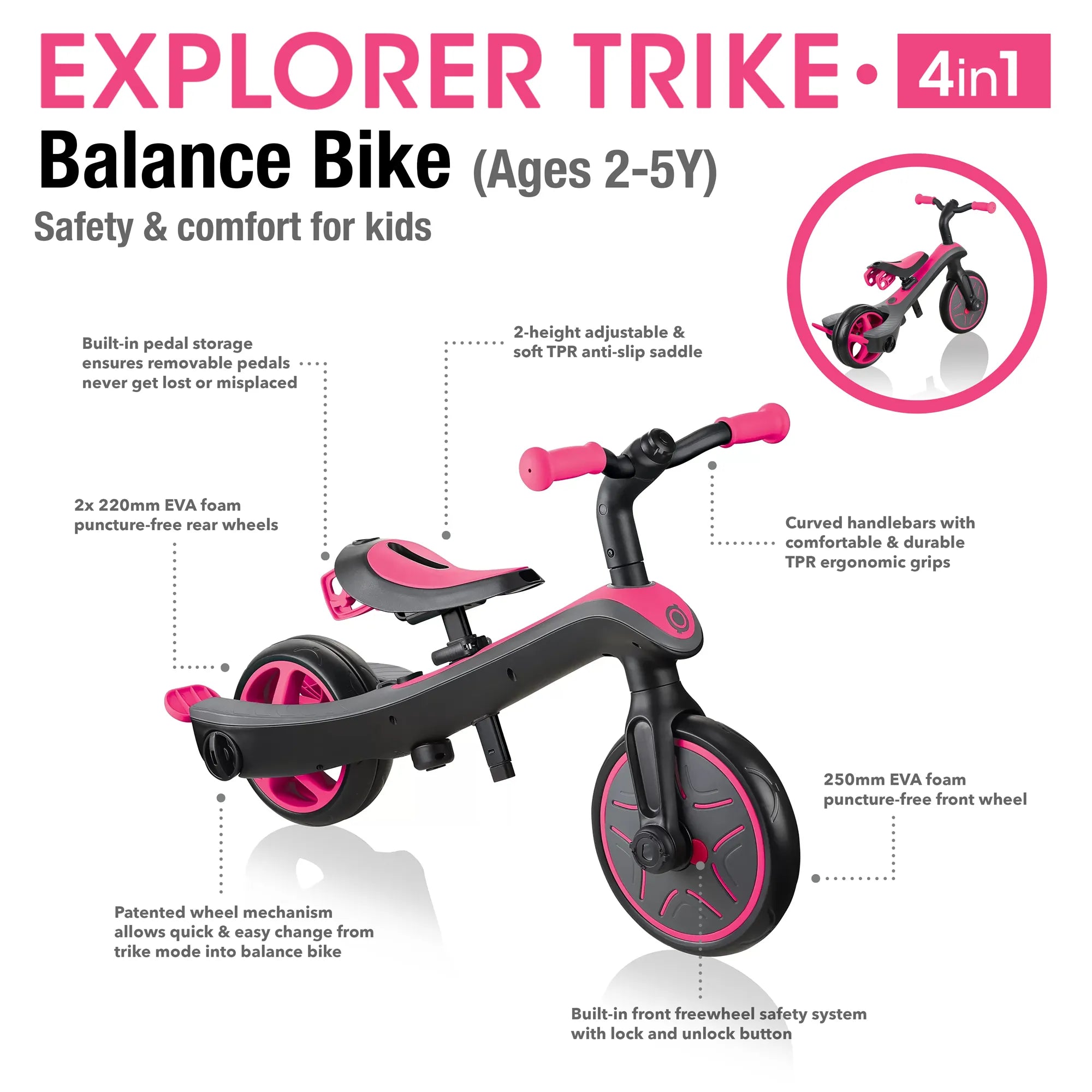 Globber Explorer Trike 4 in 1, Fuschia Pink, Balance Bike Mode, Front and Rear Views, with Features, Browns Hobby & Game.