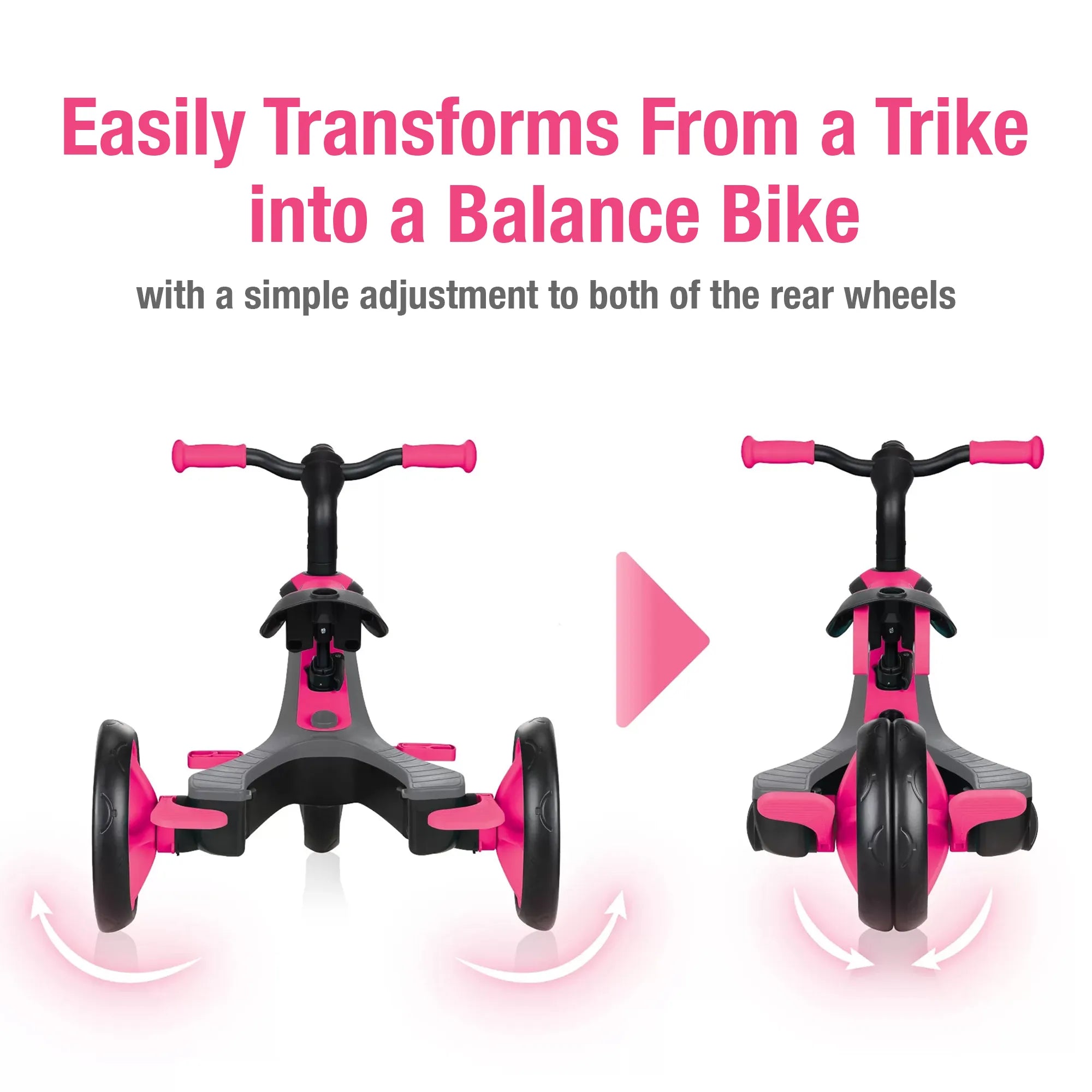Globber Explorer Trike 4 in 1, Fuschia Pink, Trike Mode Transforming into Balance Bike Mode, Rear View, Browns Hobby & Game.