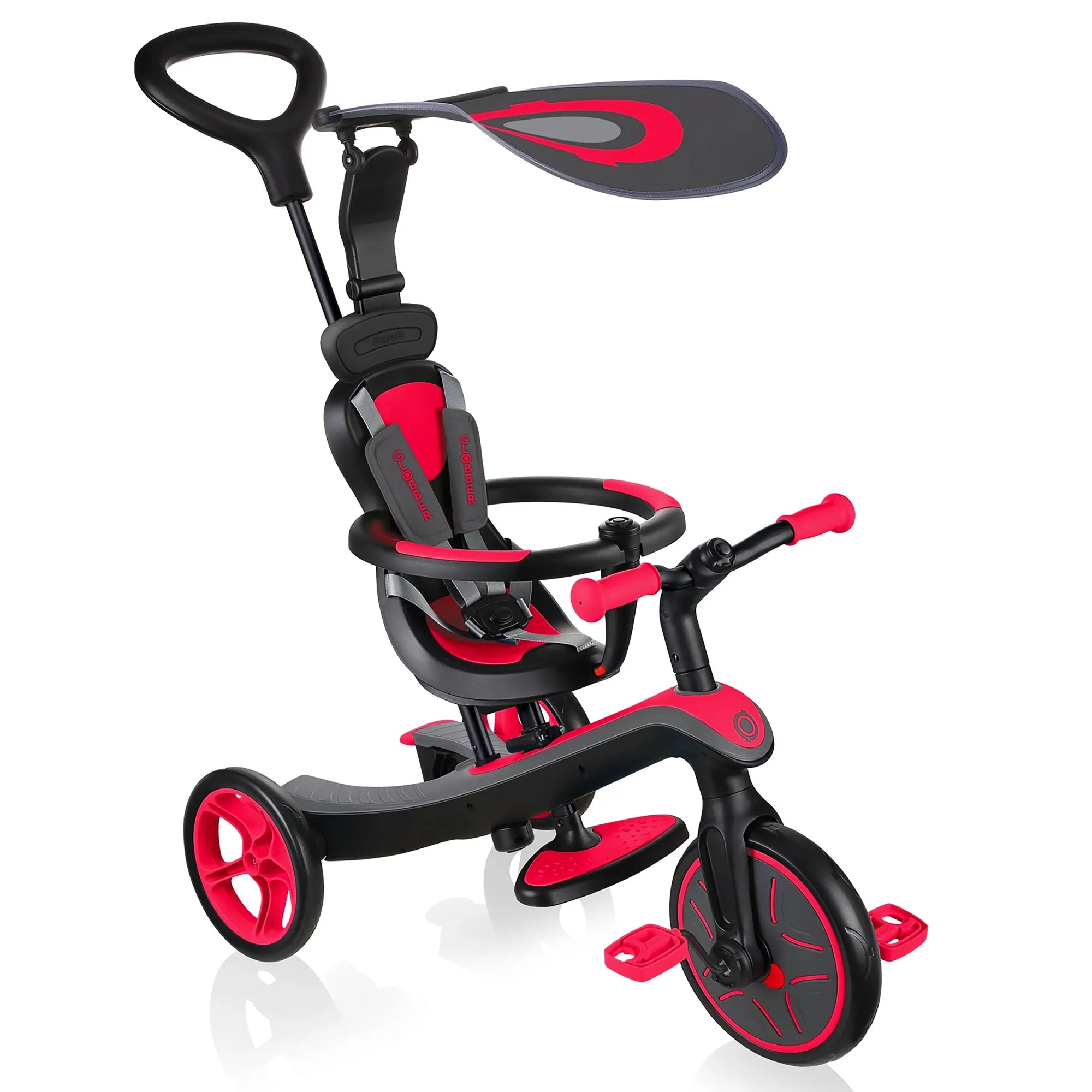 Globber Explorer Trike 4 in 1, New Red, Main Image, Infant Trike Mode, Front View, Browns Hobby & Game.