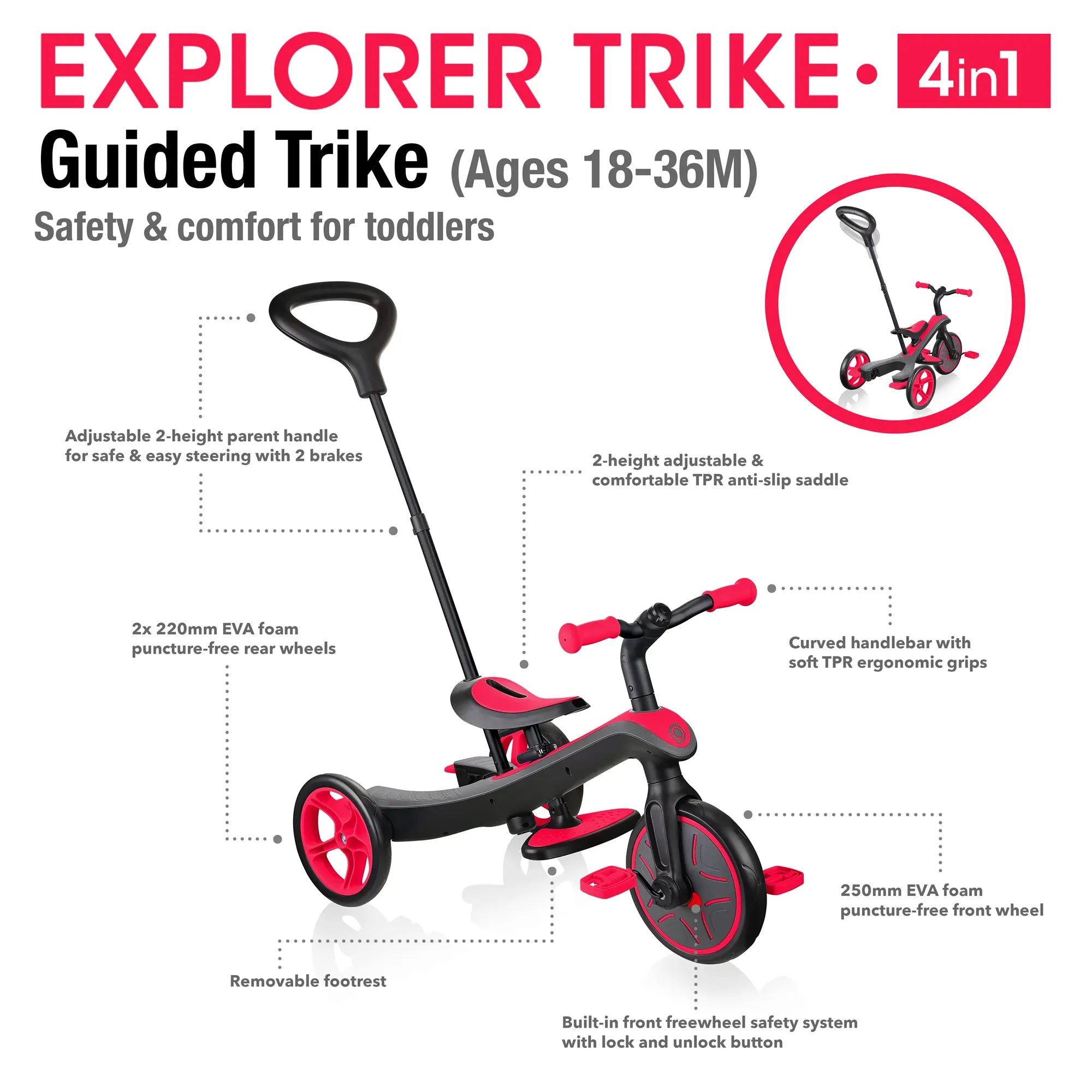 Globber Explorer Trike 4 in 1, New Red, Guided Trike Mode, Front and Rear Views, with Features, Browns Hobby & Game.