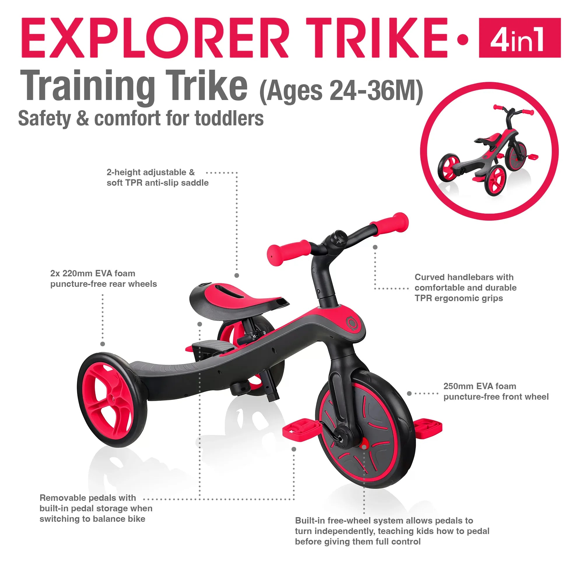 Globber Explorer Trike 4 in 1 Learning Trike Mode Key Features New Red Colour Front Right and Back Views