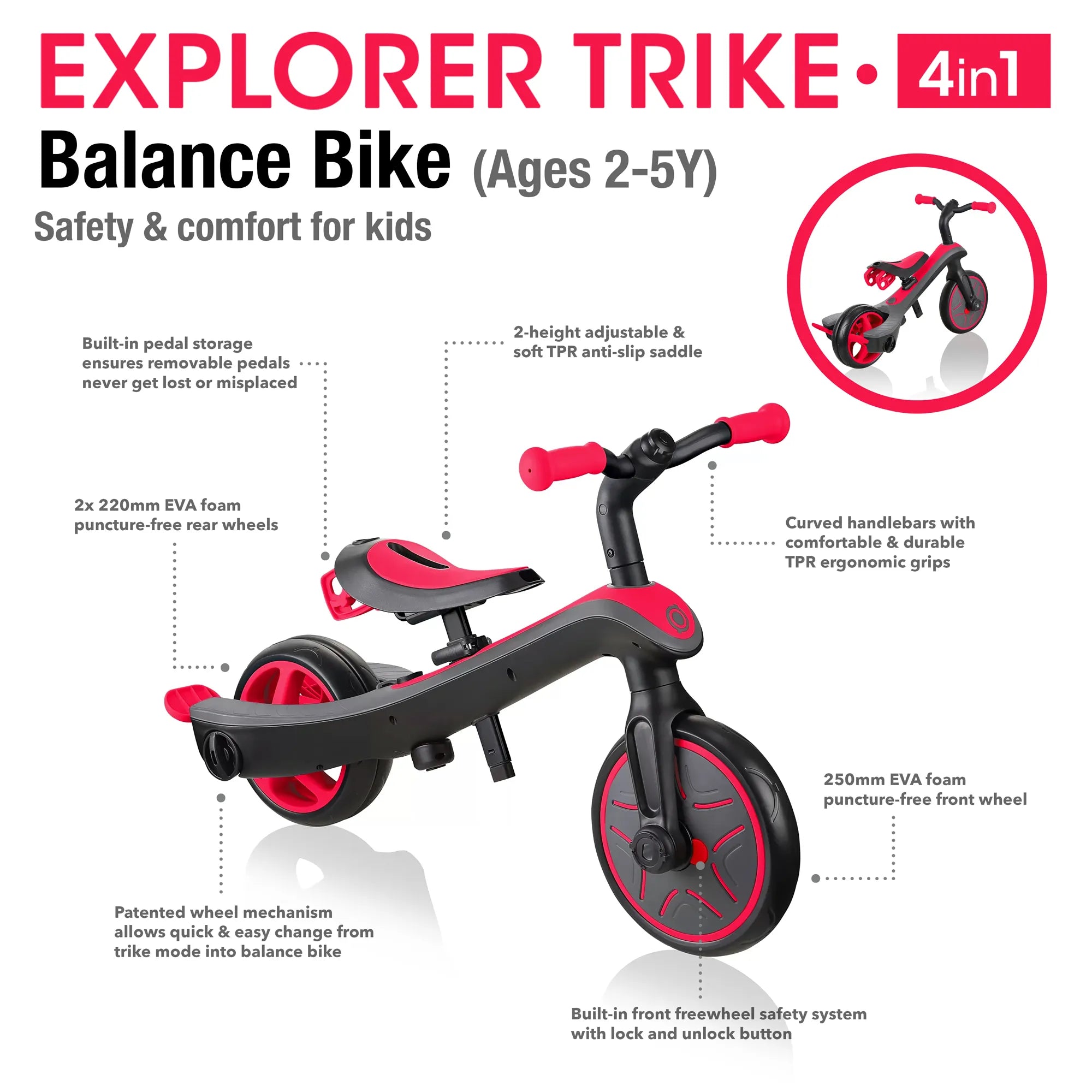 Globber Explorer Trike 4 in 1, New Red, Balance Bike Mode, Front and Rear Views, with Features, Browns Hobby & Game.