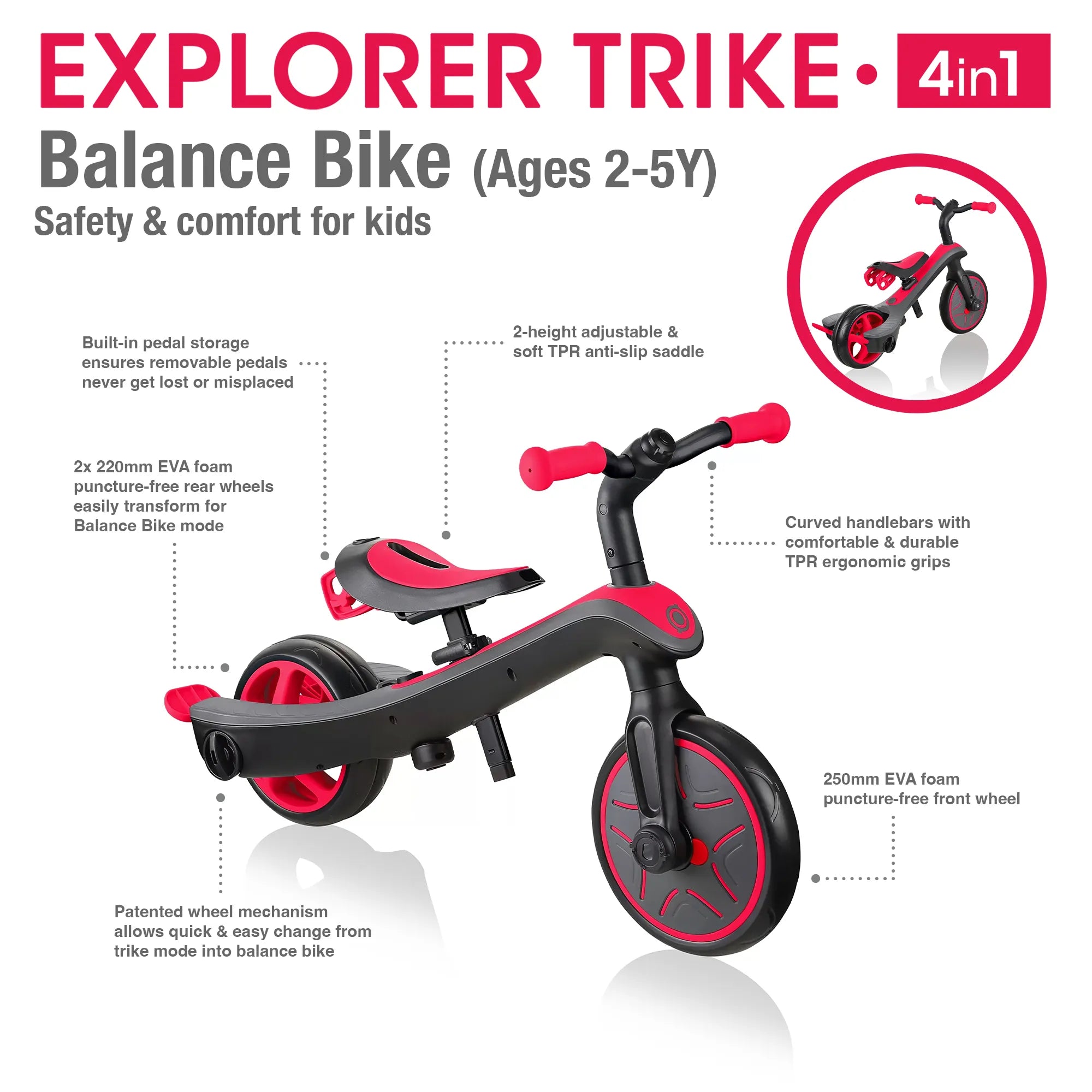 Explorer Trike 4 in 1 Balance Bike Mode Learning Bike Key Features New Red Colour Front Right and Back Views