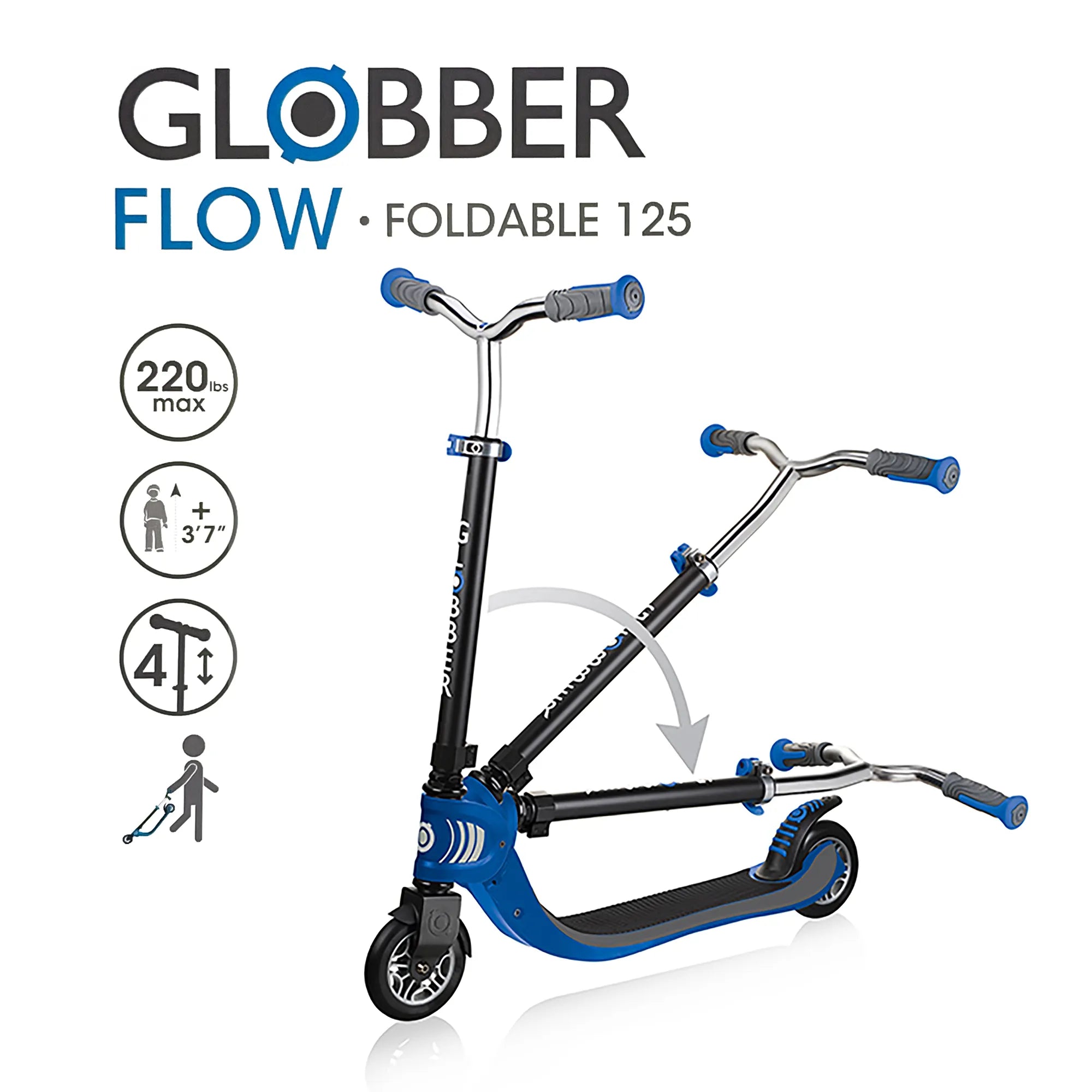 Globber Flow 125, Black & Navy Blue, Front Three Quarter View, More Features, Browns Hobby & Game.