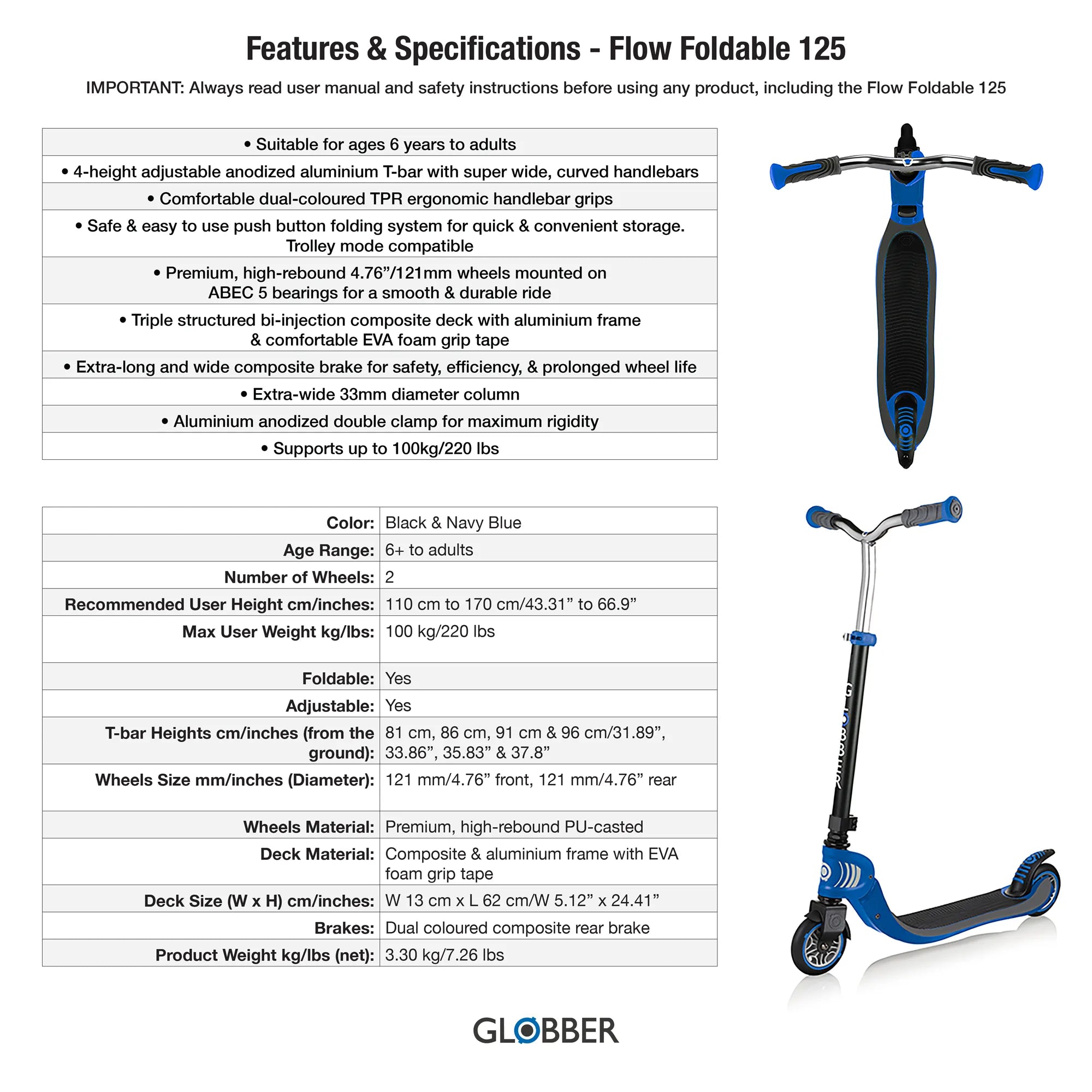 Globber Flow 125, Black & Navy Blue, Features and Specifications Chart, Browns Hobby & Game.