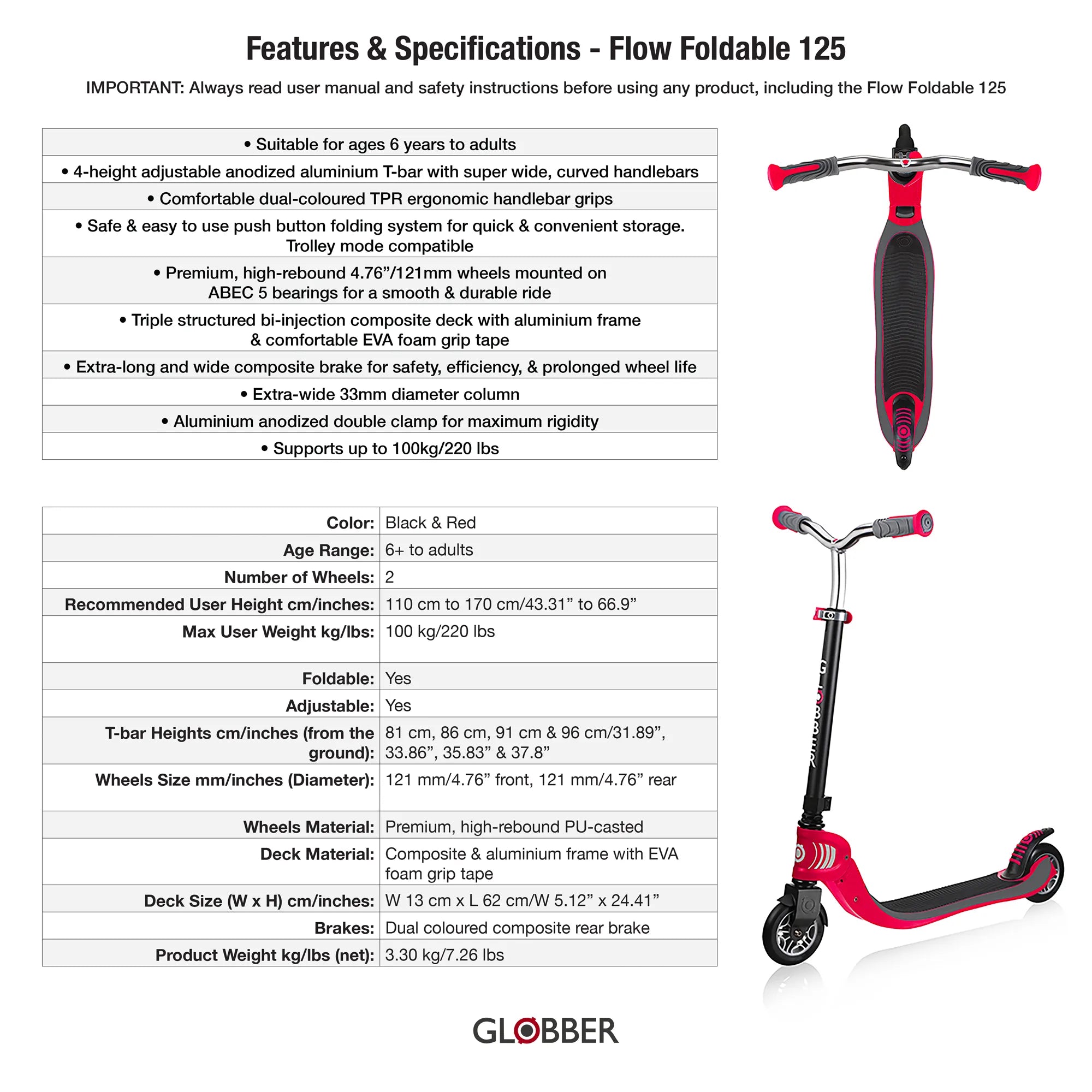 Globber Flow 125, Black & Red, Features and Specifications Chart, Browns Hobby & Game.