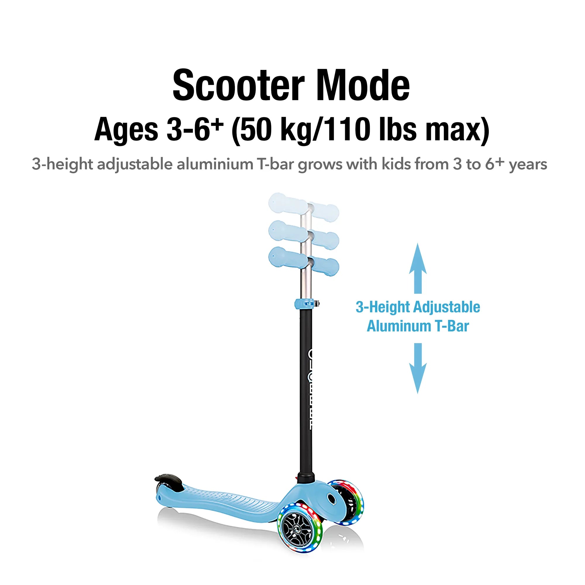 Globber GO•UP Sporty Lights 4-in-1 - Pastel Blue - Ages 15m-6+ yrs - Brown's Hobby & Game