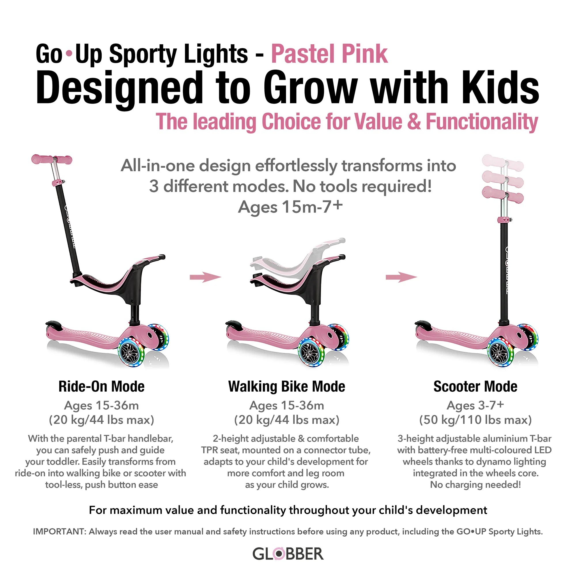 Globber GO•UP Sporty Lights 3-in-1 - Pastel Pink - Award-Winning Fun - Ages 15m-7+ yrs