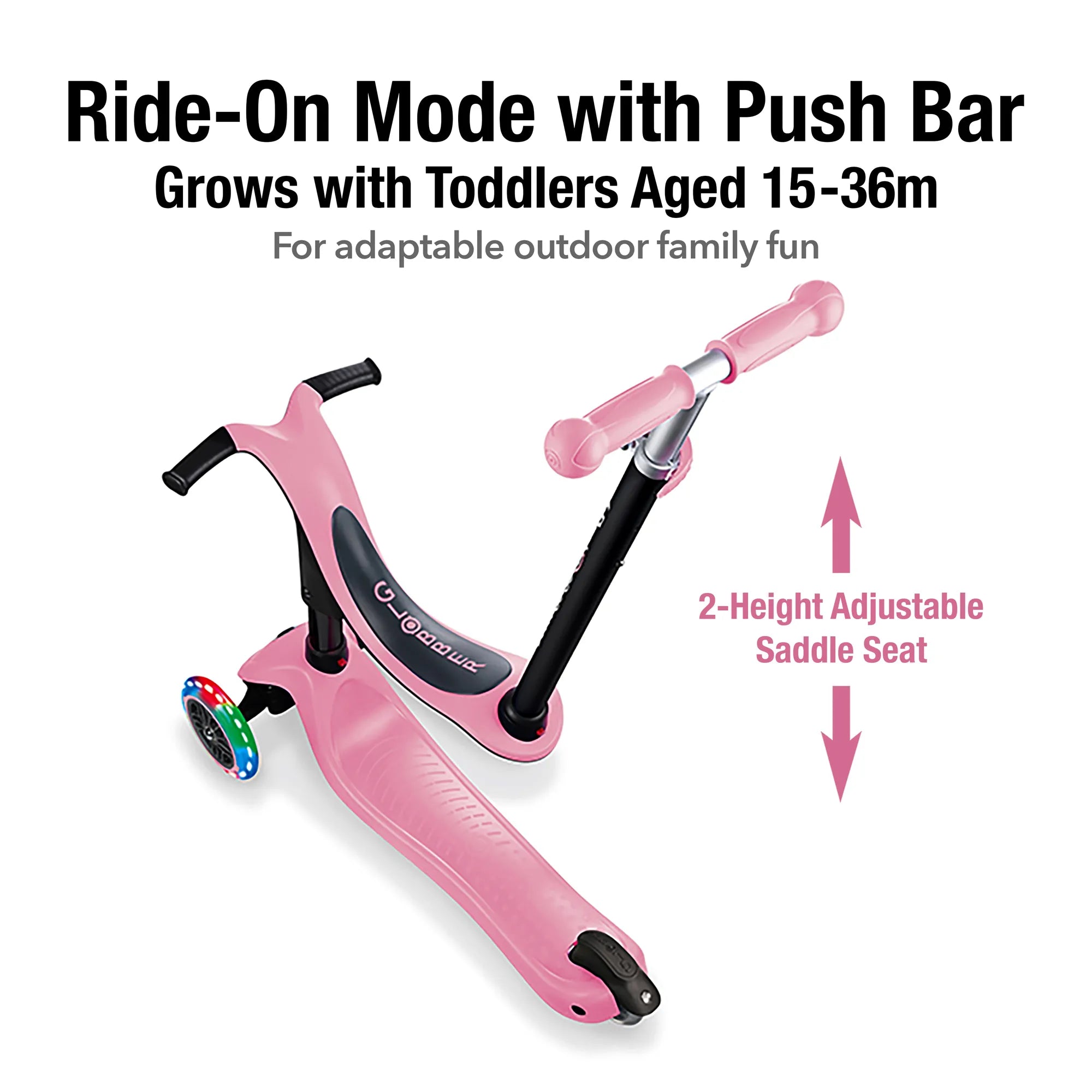 Globber GO•UP Sporty Lights 3-in-1 - Pastel Pink - Award-Winning Fun - Ages 15m-7+ yrs