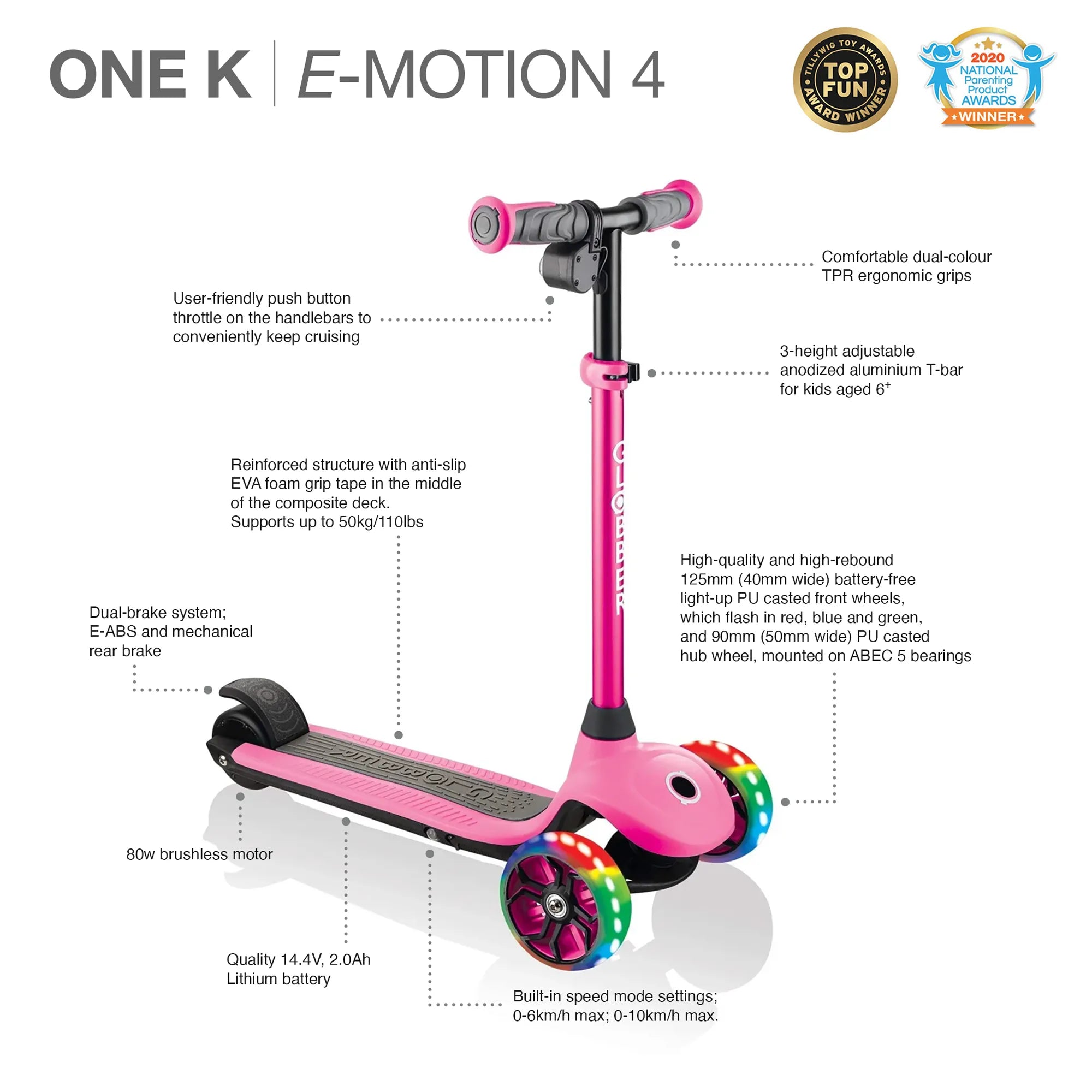 Globber One K E-Motion 4 - Pink - Award-Winning e-Scooter - Age 8+ - Brown's Hobby & Game