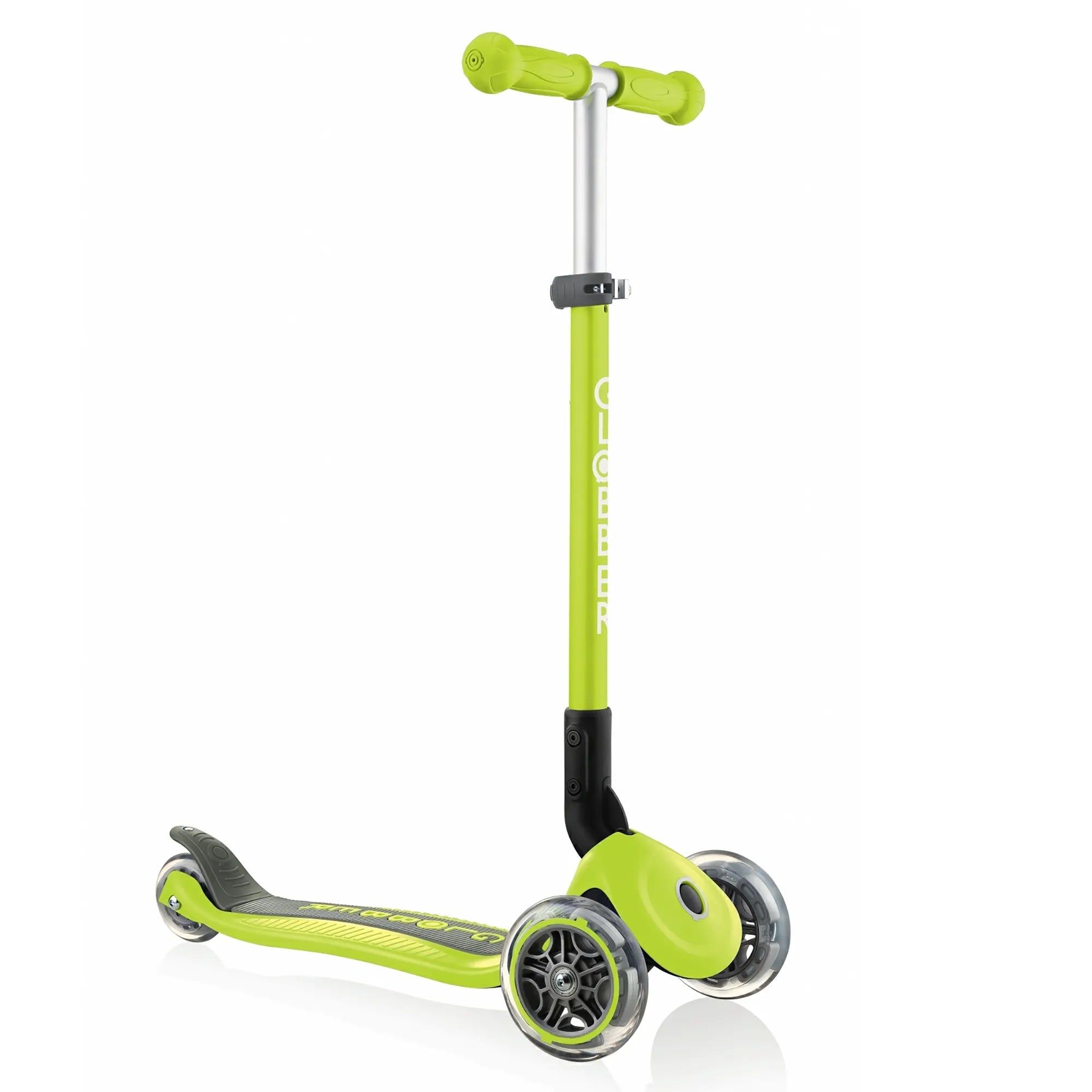 Globber primo foldable and adjustable 3 wheel scooter grows with kids ages 3 years to 7 plus lime green front right view.